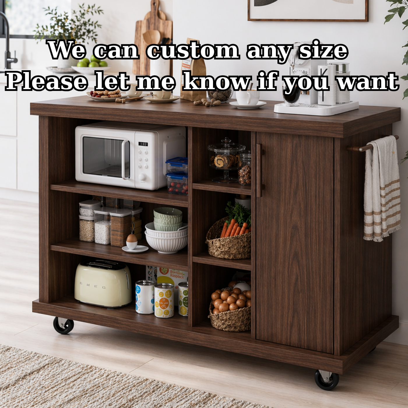 Rolling Kitchen Island with Open Storage & Cabinet – Walnut Microwave Cart with Shelves and Towel Bar