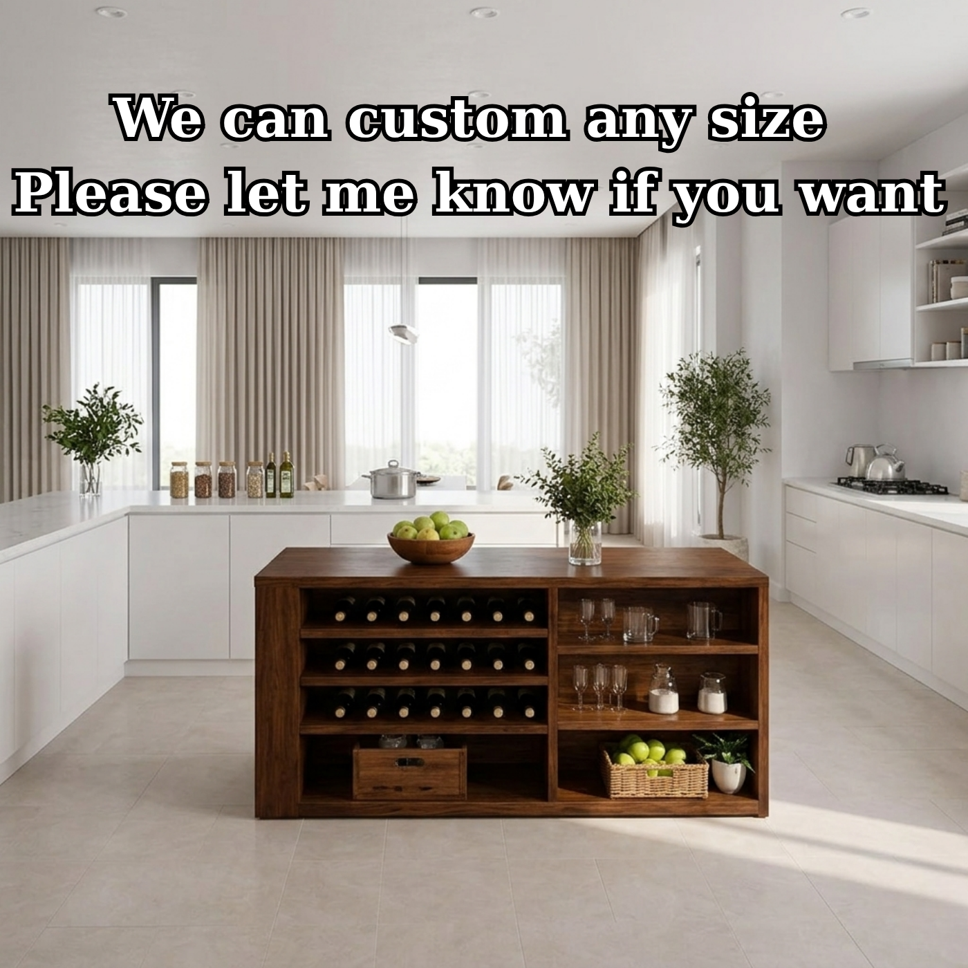 Solid Wood Kitchen Island with Wine Rack & Storage Shelves