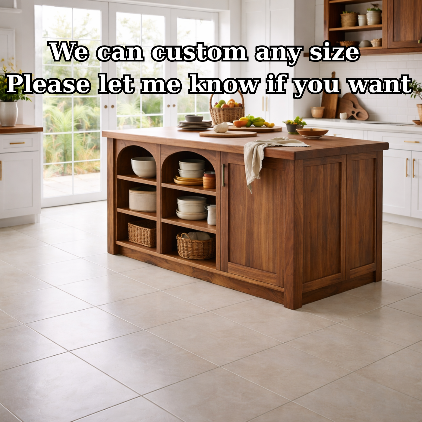 Solid Wood Kitchen Island with Arched Open Shelves – Walnut Farmhouse Storage Table