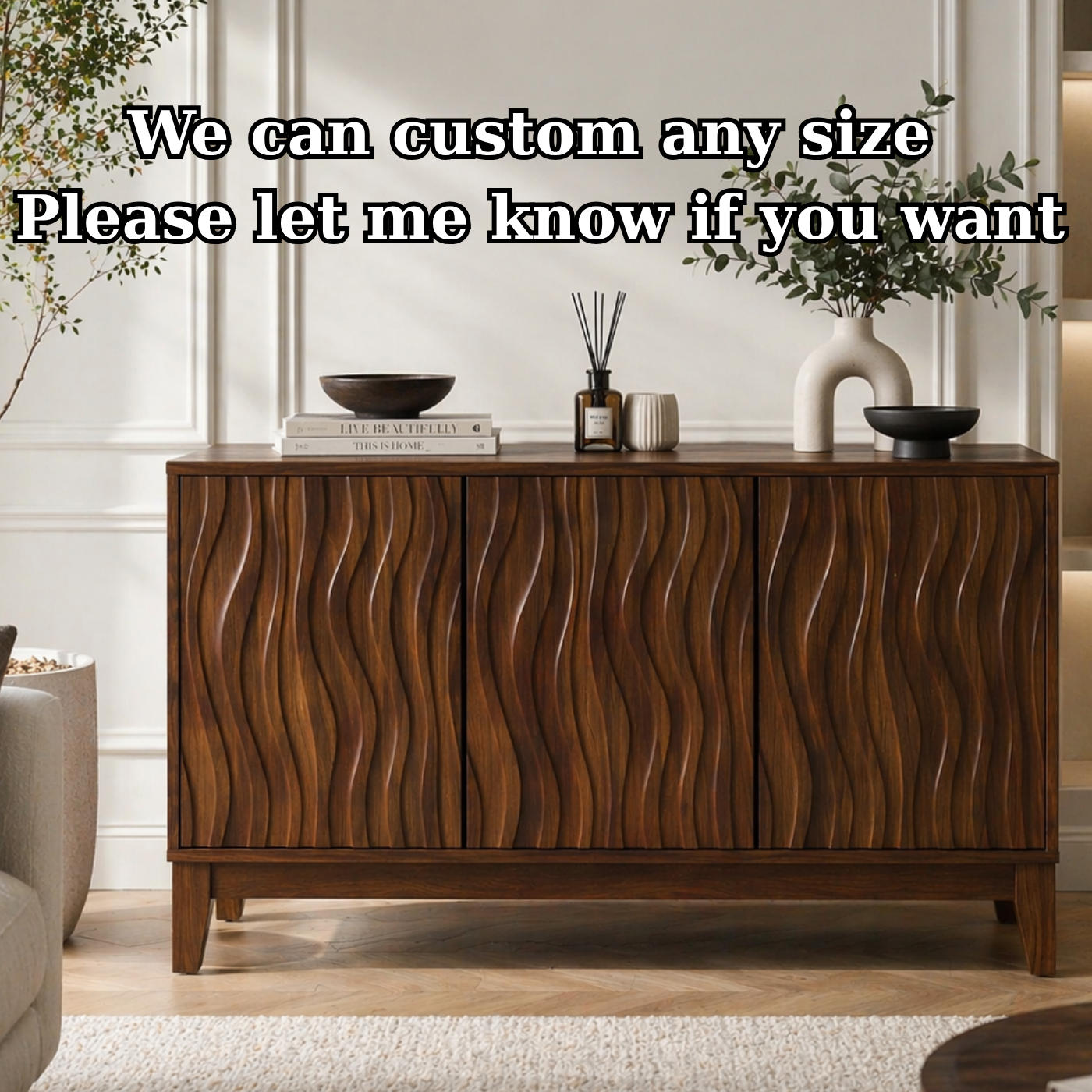 Solid Wood Fluted Console Sideboard – Modern Walnut Storage Cabinet