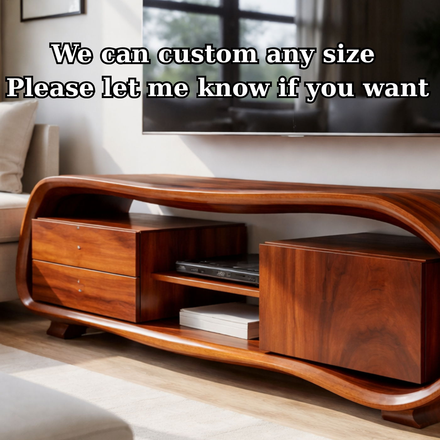 Solid Wood Curved TV Stand – Sculptural Media Console with Organic Design