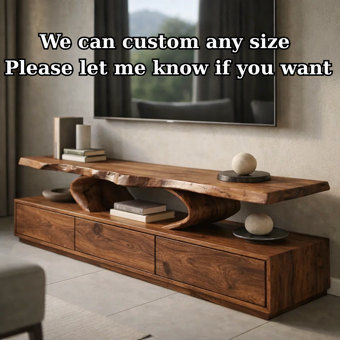 Live Edge Solid Wood TV Stand – Organic Modern Low Profile Media Console with Storage