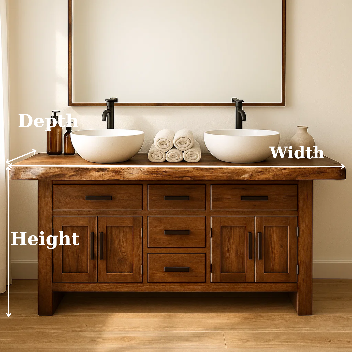Solid Wood Double Bathroom Vanity with Five Drawers and Dual Cabinet Doors for Master Bathrooms