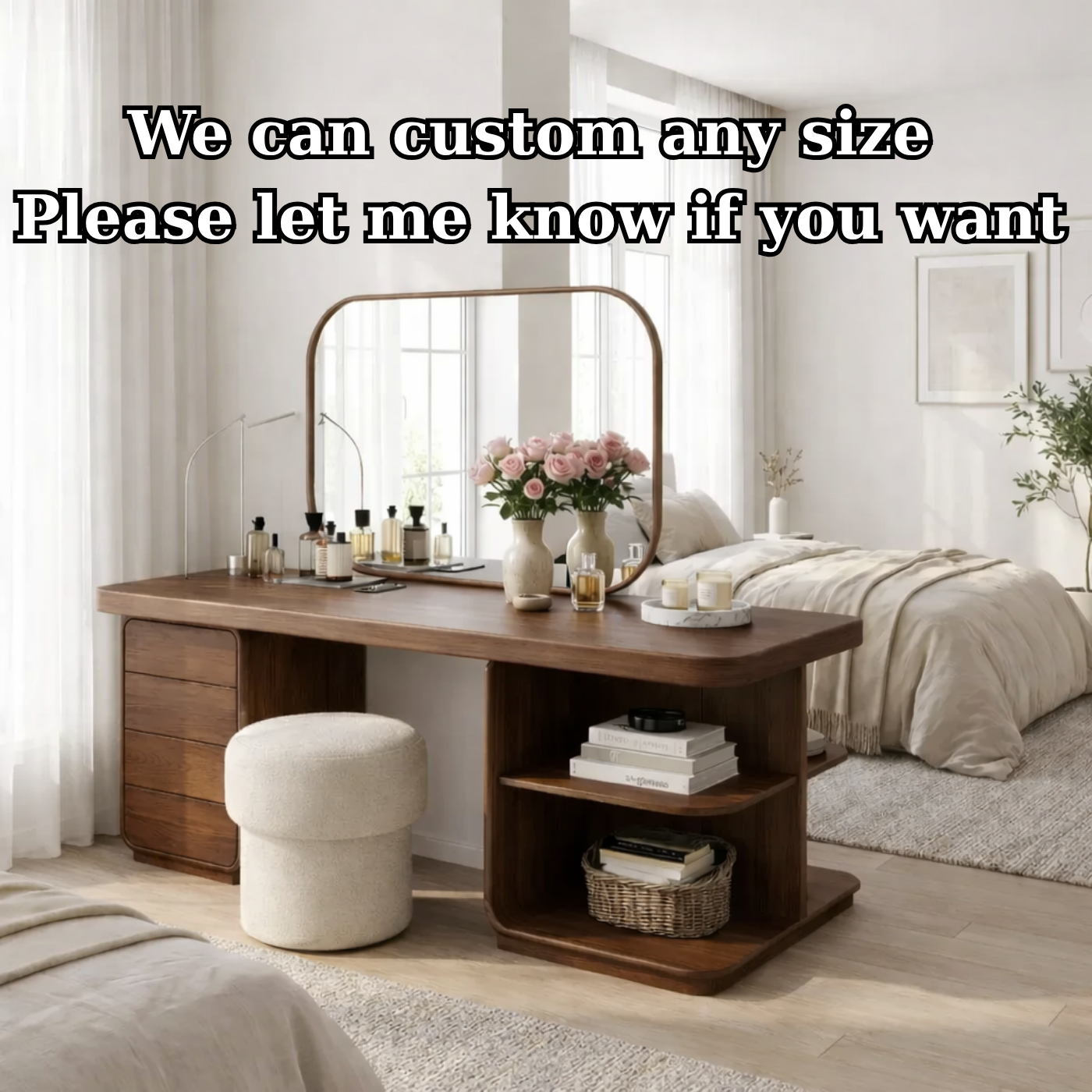 Solid Wood Makeup Vanity Desk with Side Open Shelves and Storage Drawers
