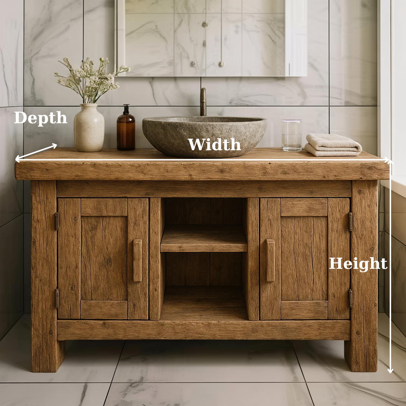 Farmhouse Solid Wood Bathroom Vanity Cabinet with Double Door Storage and Open Shelf