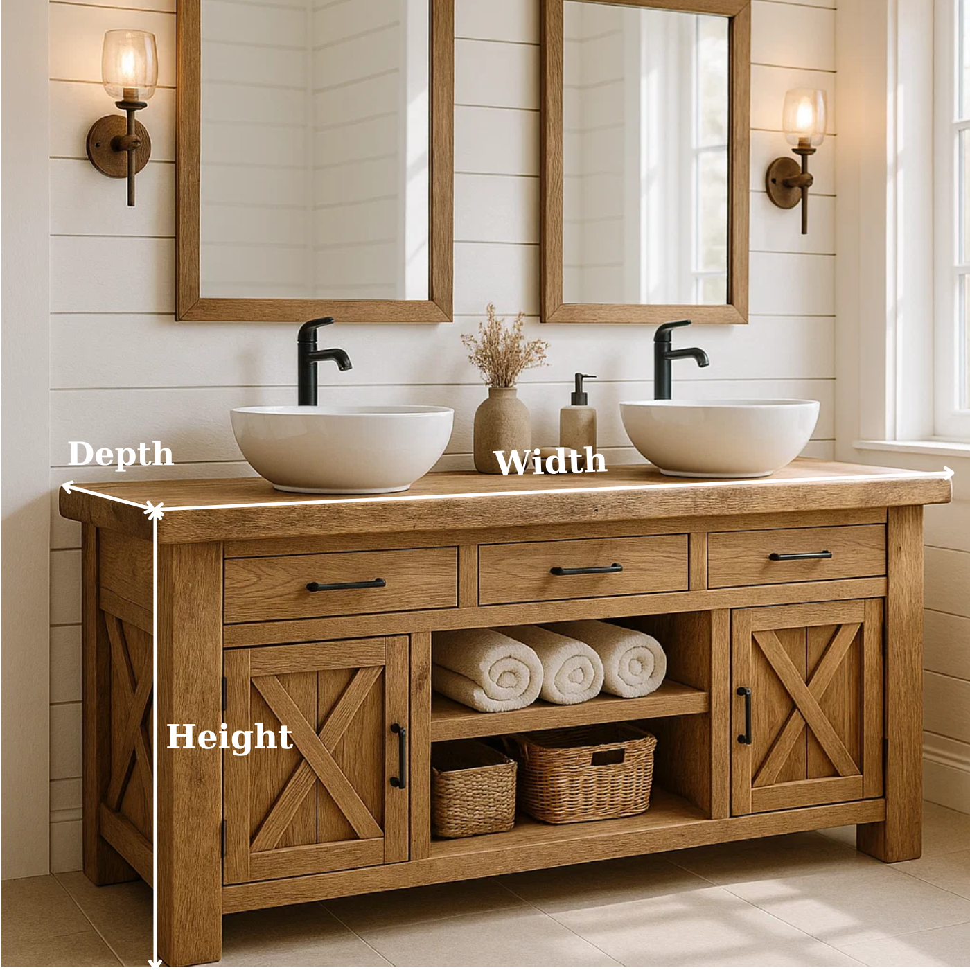 Farmhouse Solid Wood Double Bathroom Vanity with 3 Drawers, Sliding Barn Doors and Open Shelf