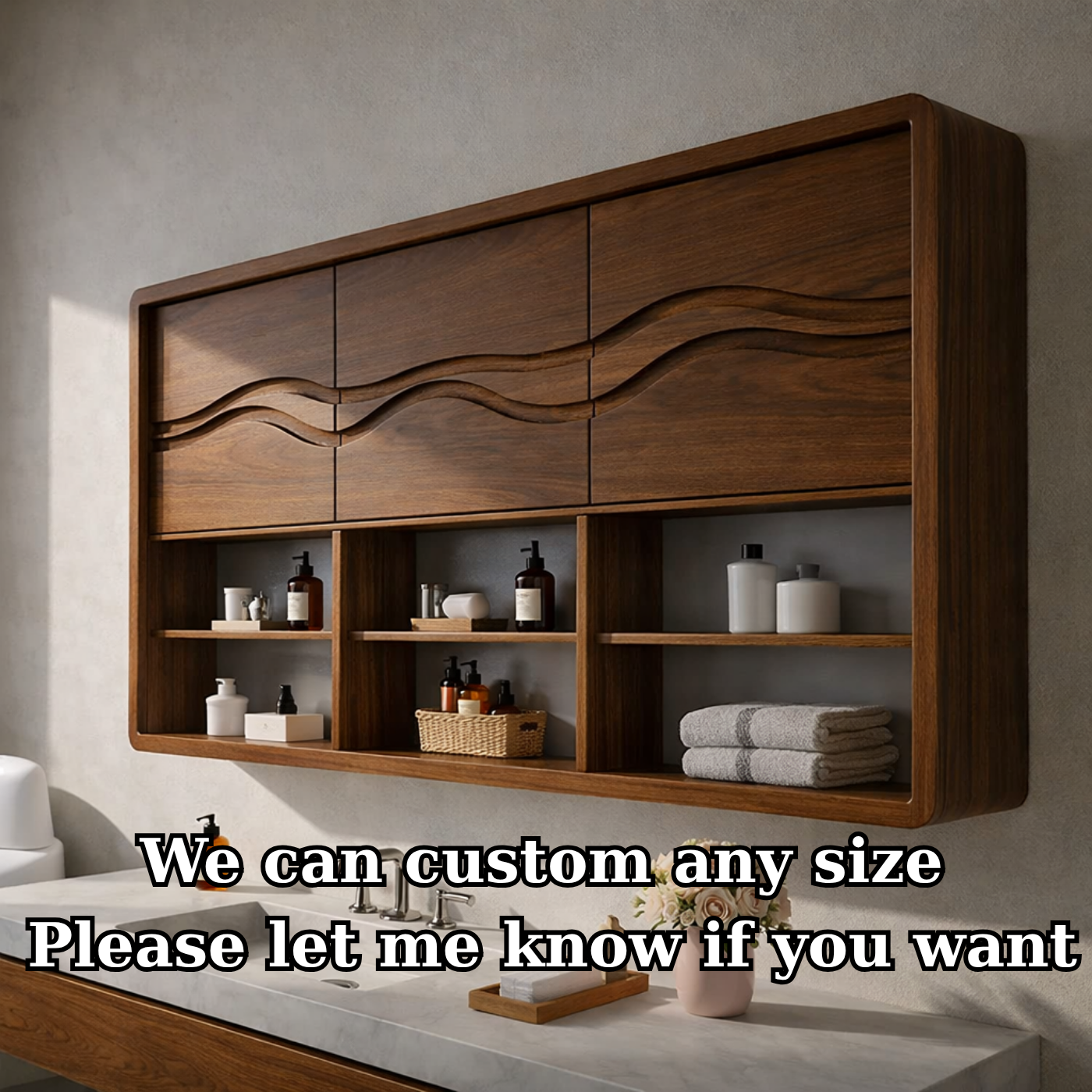 Solid Wood Bathroom Cabinet with Wave Carved Doors & Open Shelving Storage