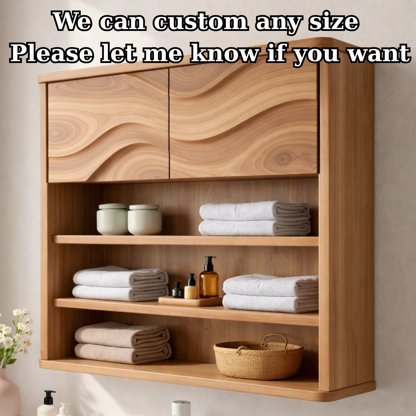 Solid Wood Bathroom Cabinet with Open Shelves & Wave Doors – Modern Wall Mounted Storage