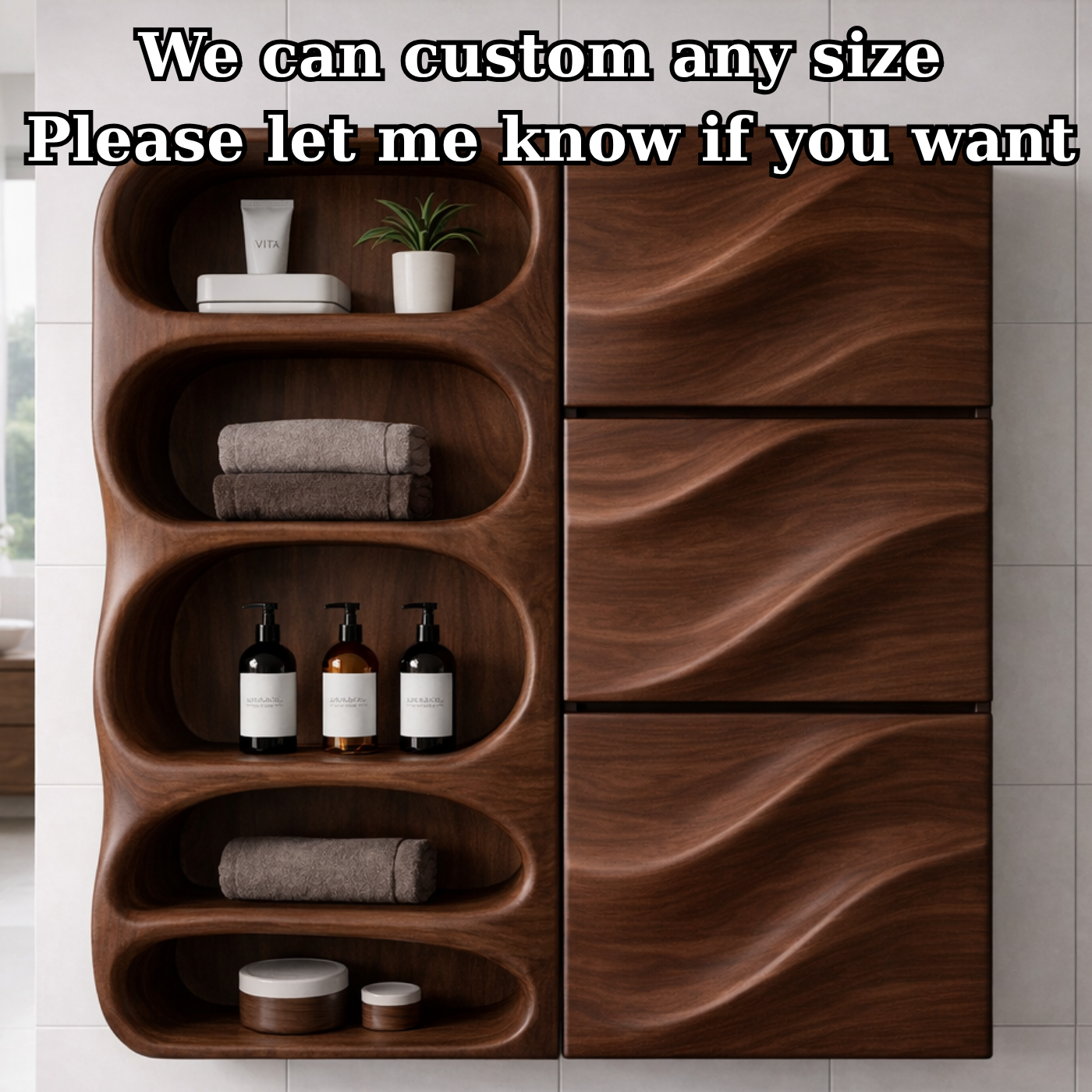 Solid Wood Bathroom Storage Cabinet with Wave Doors – Modern Wall Mounted Organizer