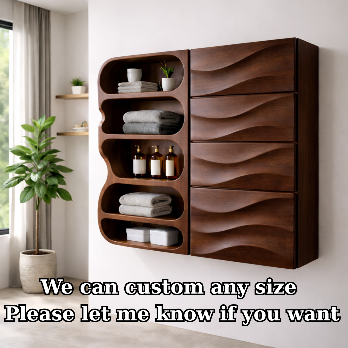 Solid Wood Floating Bathroom Cabinet with Wave Drawers & Open Shelves