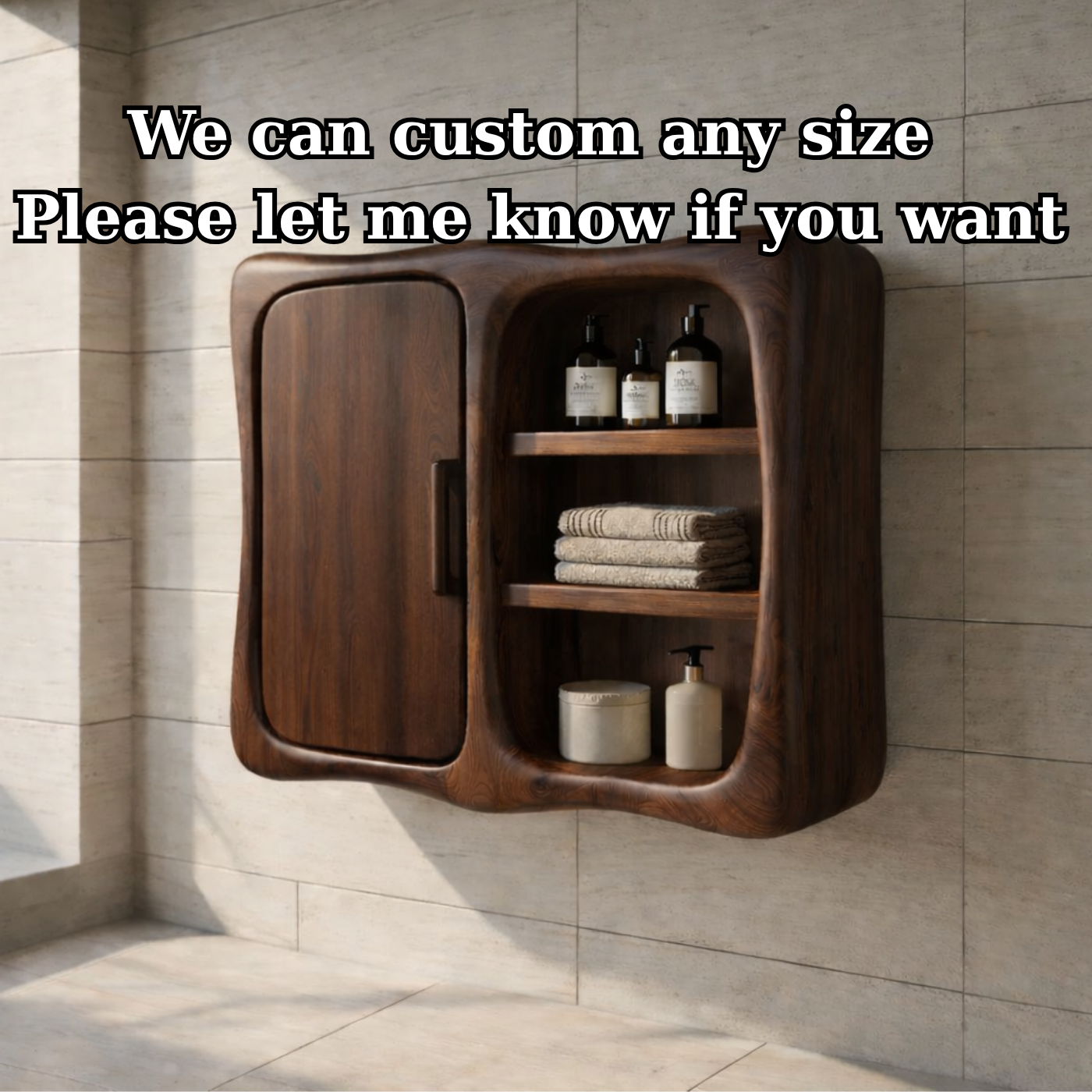 Solid Wood Wall Mounted Bathroom Cabinet – Curved Storage Cabinet with Open Shelf