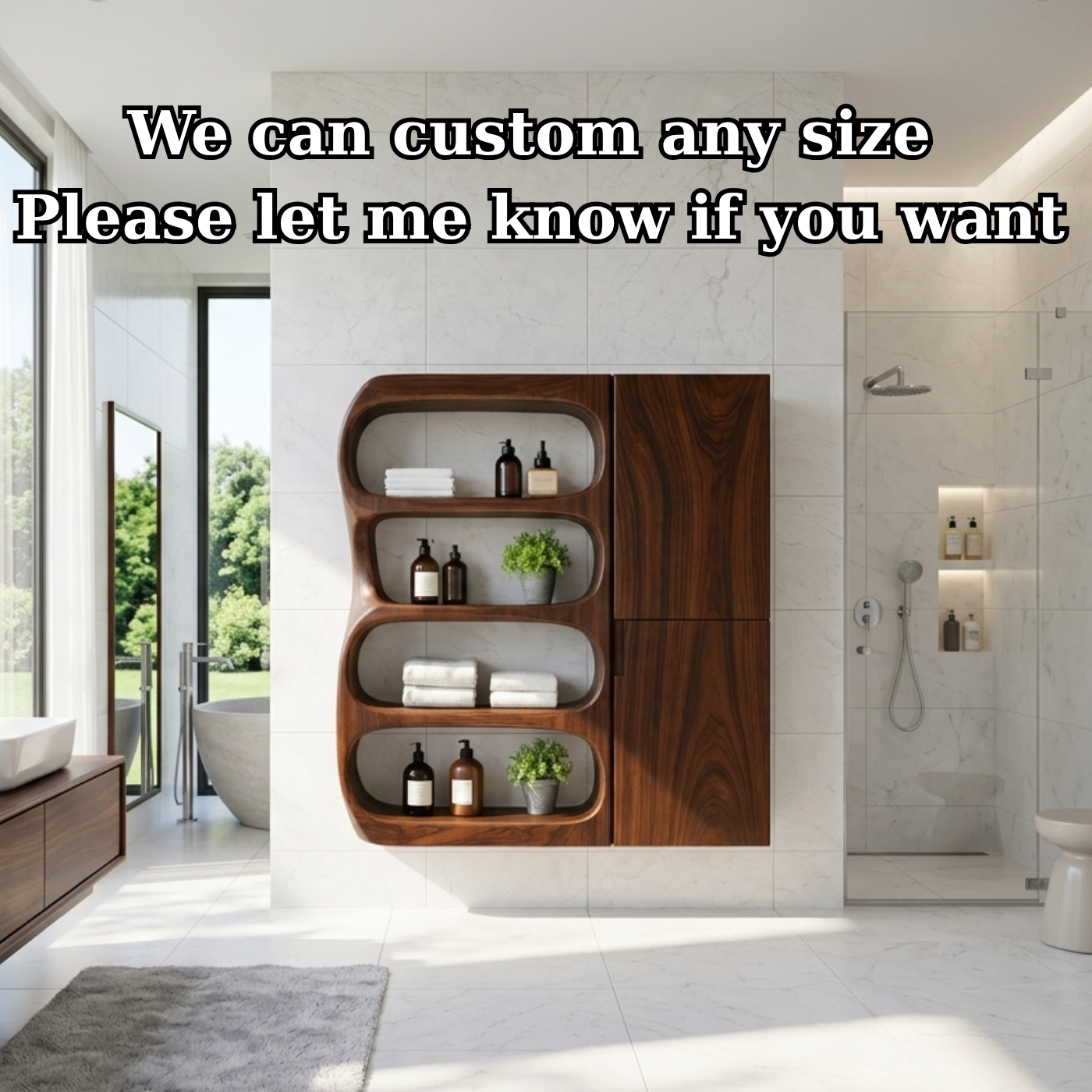 Solid Wood Floating Bathroom Cabinet with Curved Open Shelves & Storage Door