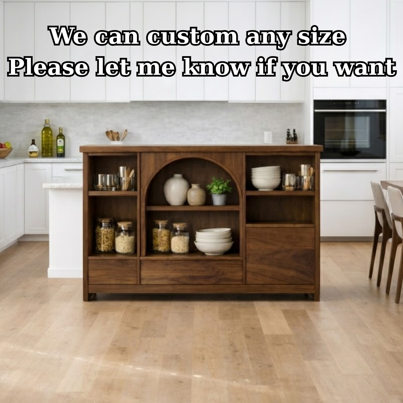 Solid Walnut Kitchen Island with Arched Center Shelf & Open Storage