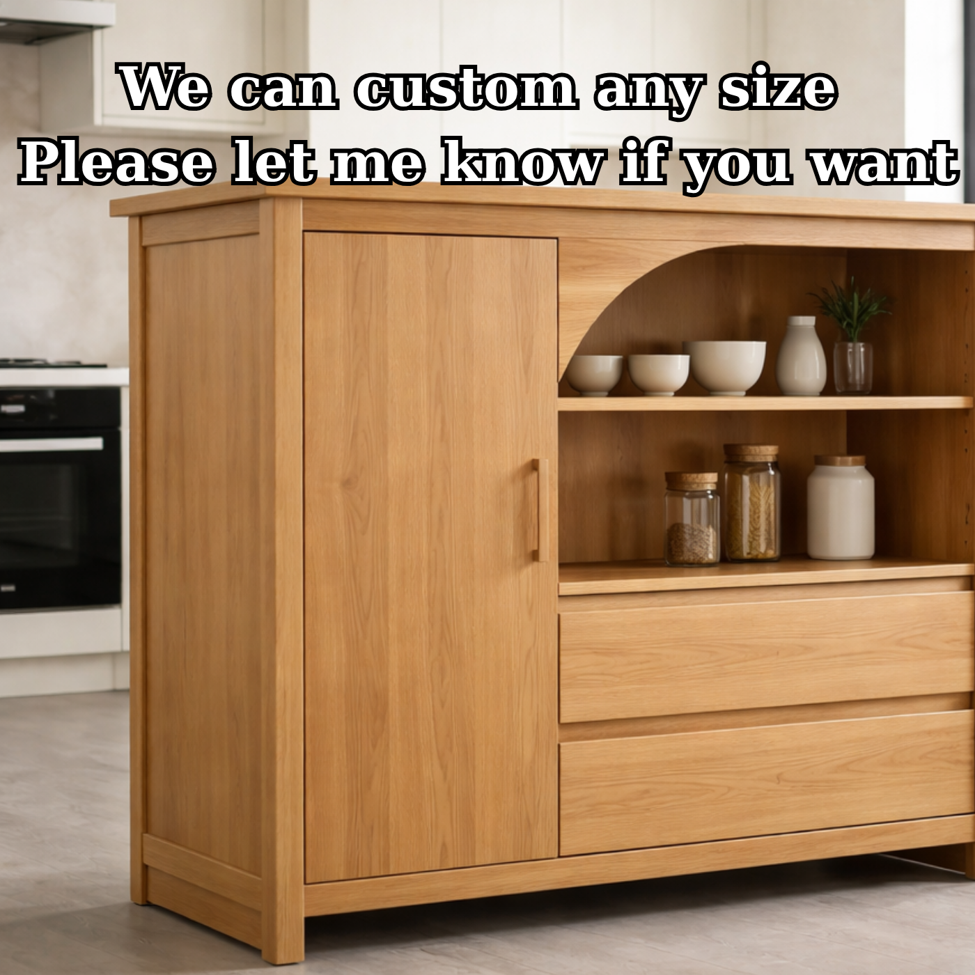Solid Oak Kitchen Island with Arched Open Shelf & Drawer Storage