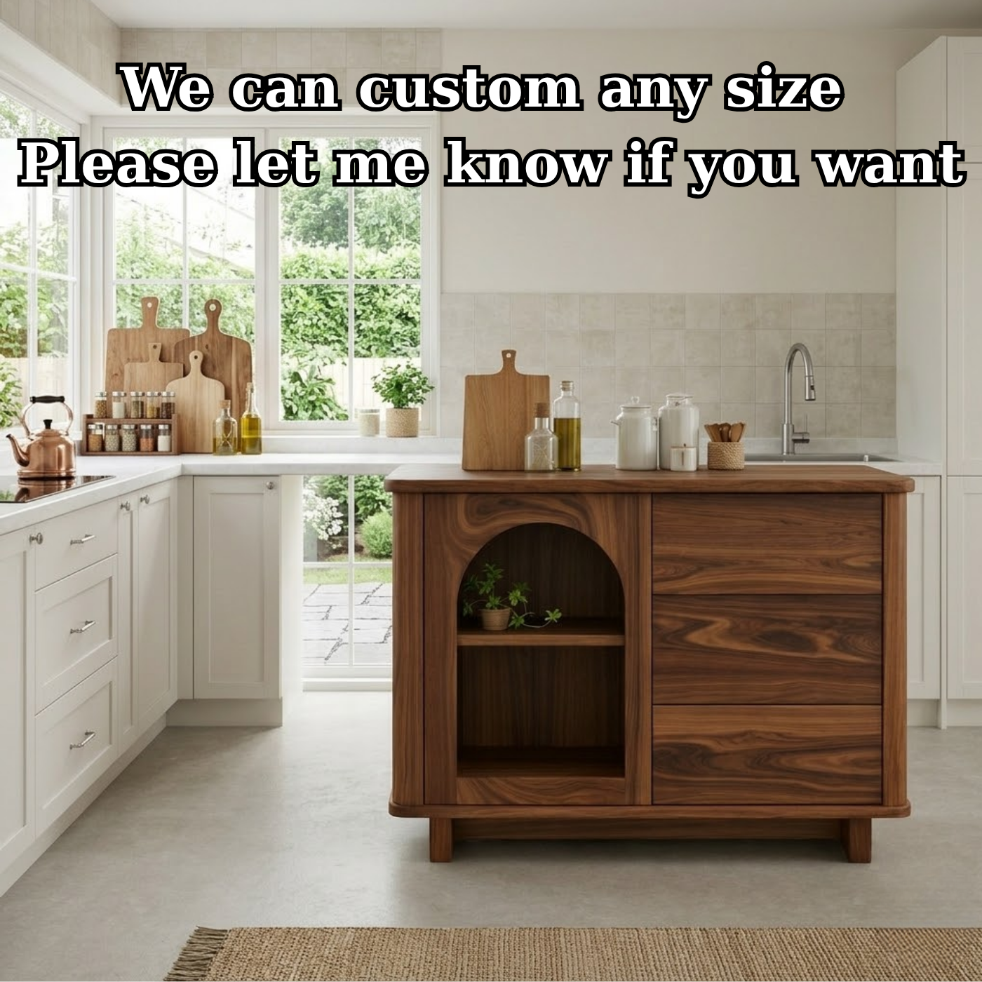 Solid Walnut Kitchen Island with Arched Open Shelf & Drawer Storage