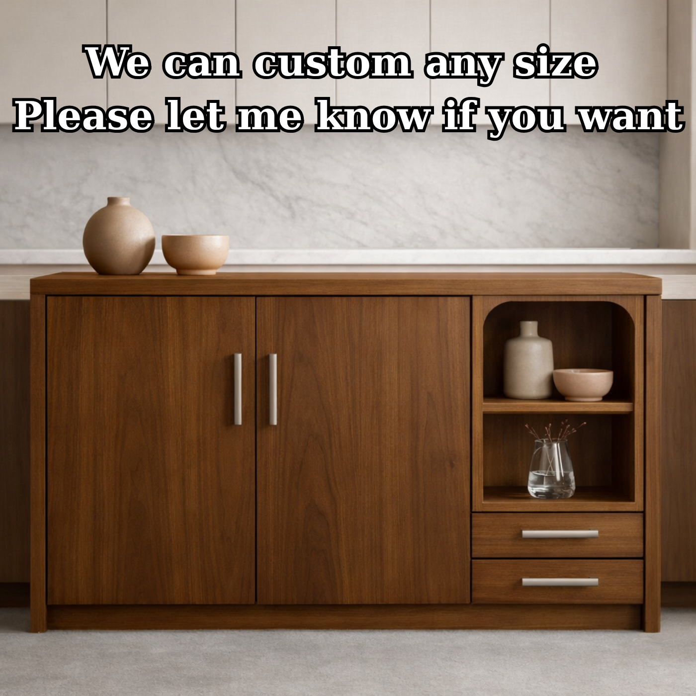 Solid Walnut Kitchen Island with Double Doors, Open Shelf & Drawer Storage