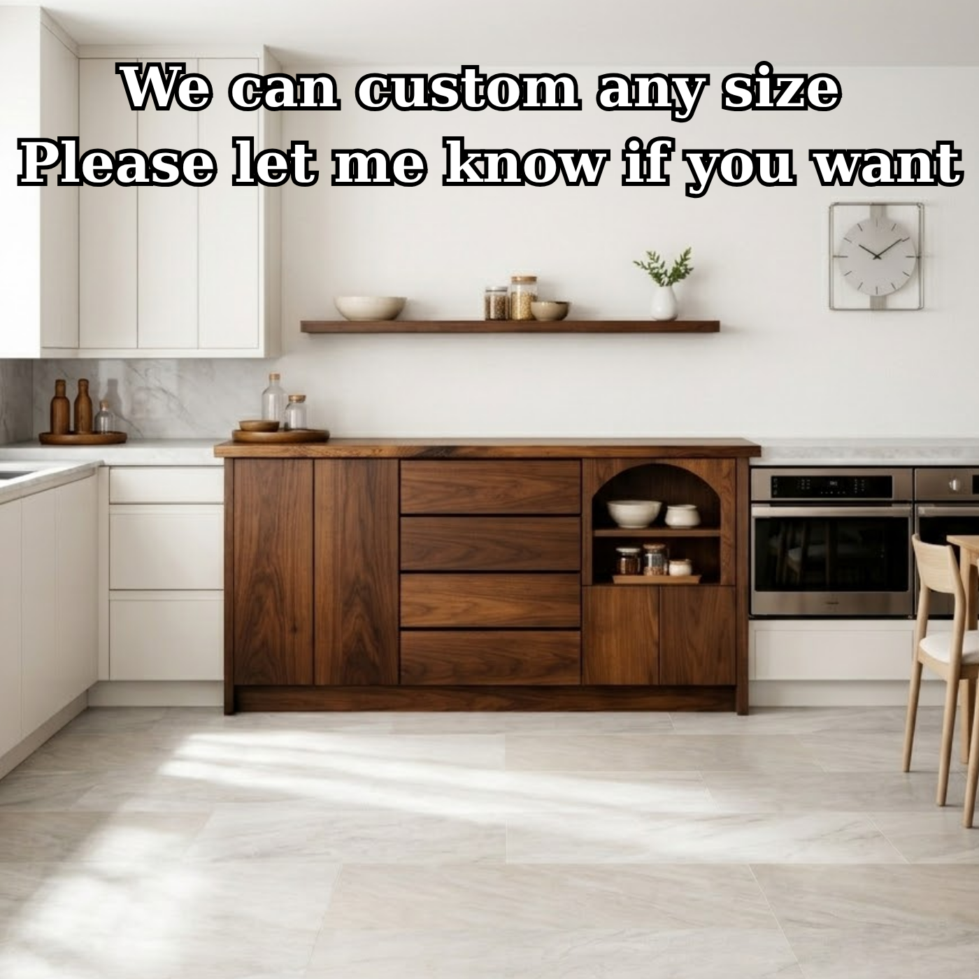Solid Walnut Kitchen Island with Drawers, Doors & Arched Open Shelf