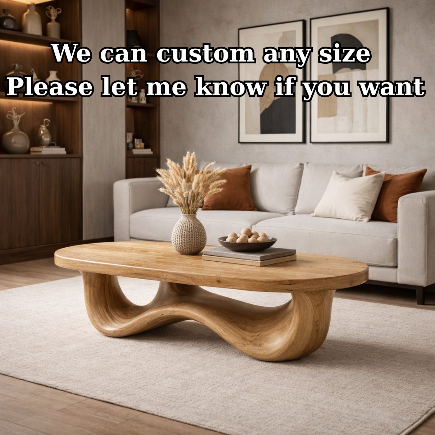 Solid Wood Oval Coffee Table with Sculptural Wave Base and Rustic Walnut Finish