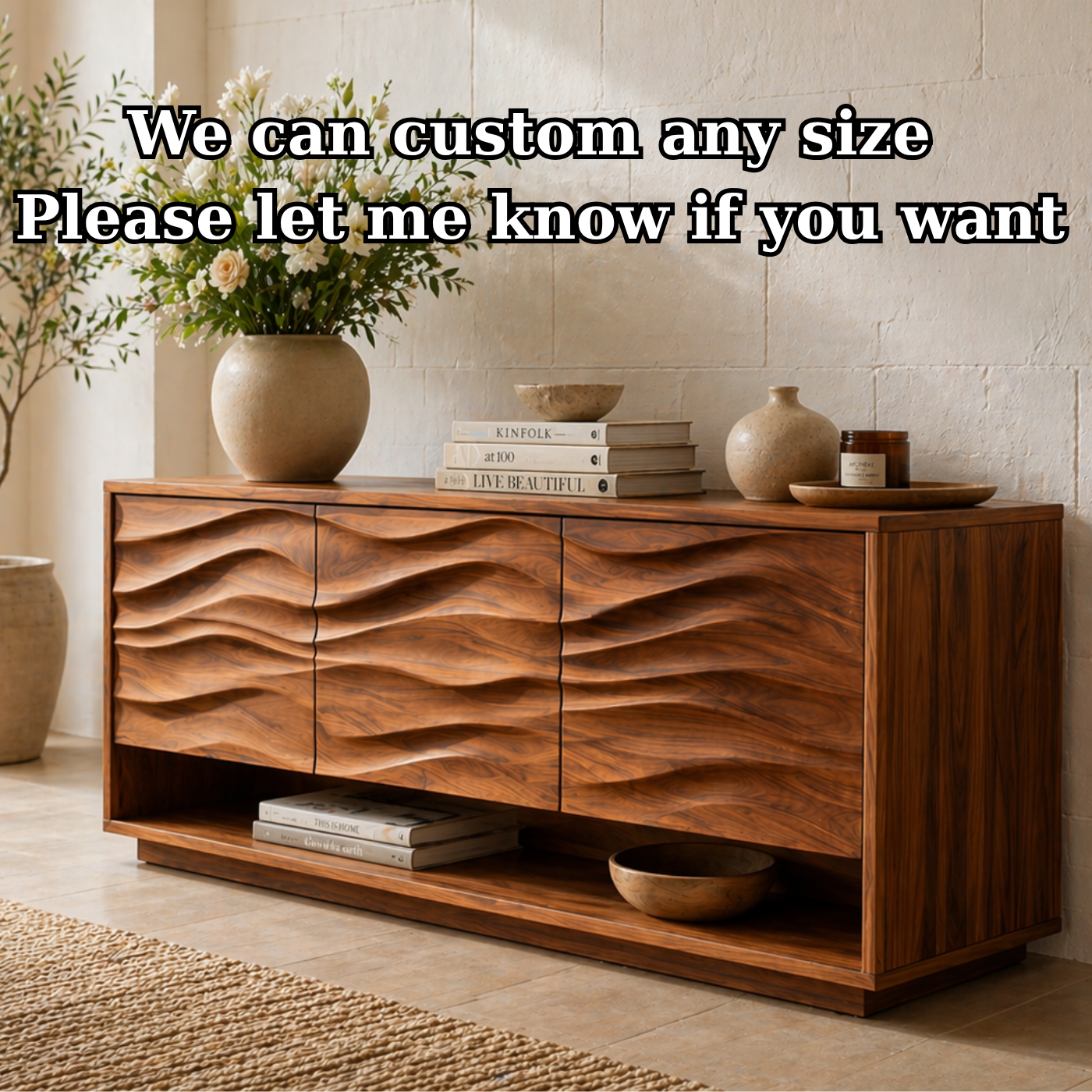 Solid Wood Console Table with Wave Carved Doors and Open Shelf in Walnut Finish
