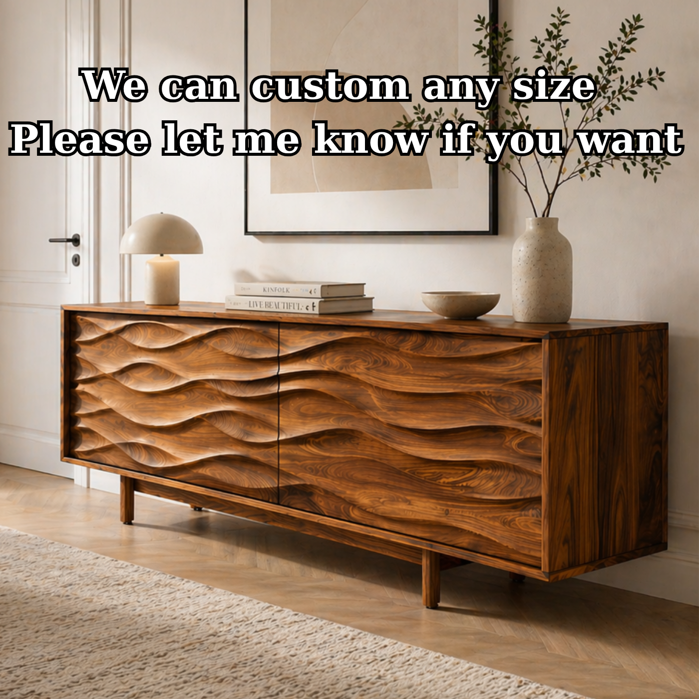 Solid Wood TV Stand with Sculpted Wave Carved Doors in Rich Walnut Finish