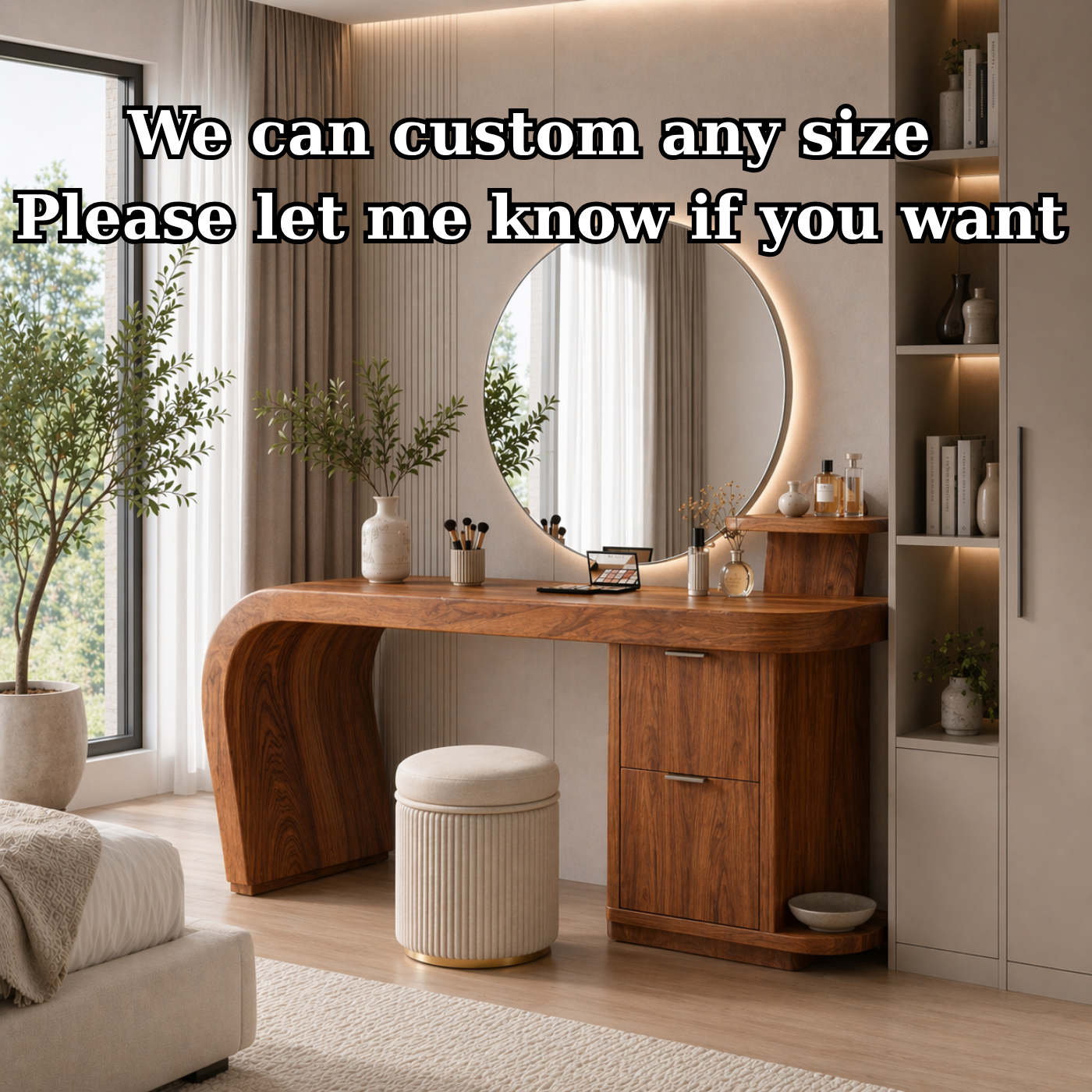 Solid Wood Makeup Vanity Desk with Curved Base and Storage Cabinet