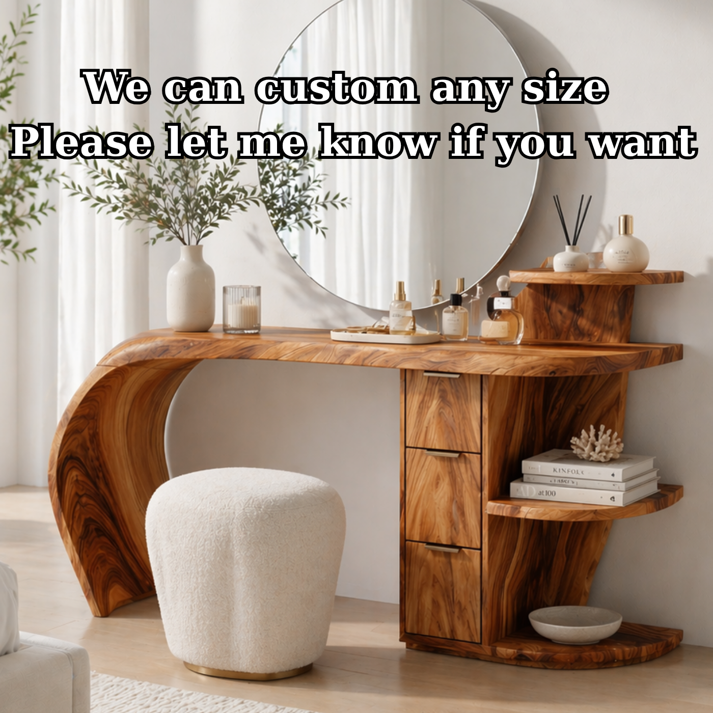 Solid Wood Makeup Vanity Desk with Sculptural Curved Design and Storage Drawers