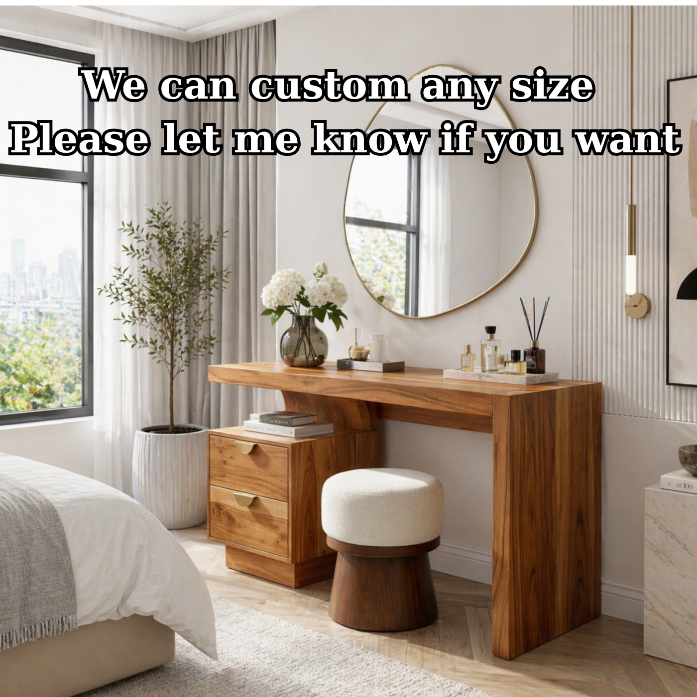 Solid Wood Makeup Vanity Desk with Thick Slab Design and Storage Drawers