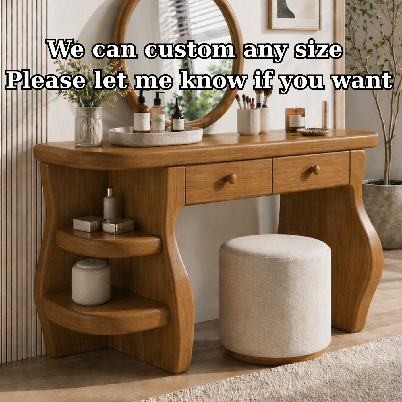 Solid Wood Makeup Vanity Desk with Sculptural Curved Base and Double Drawers