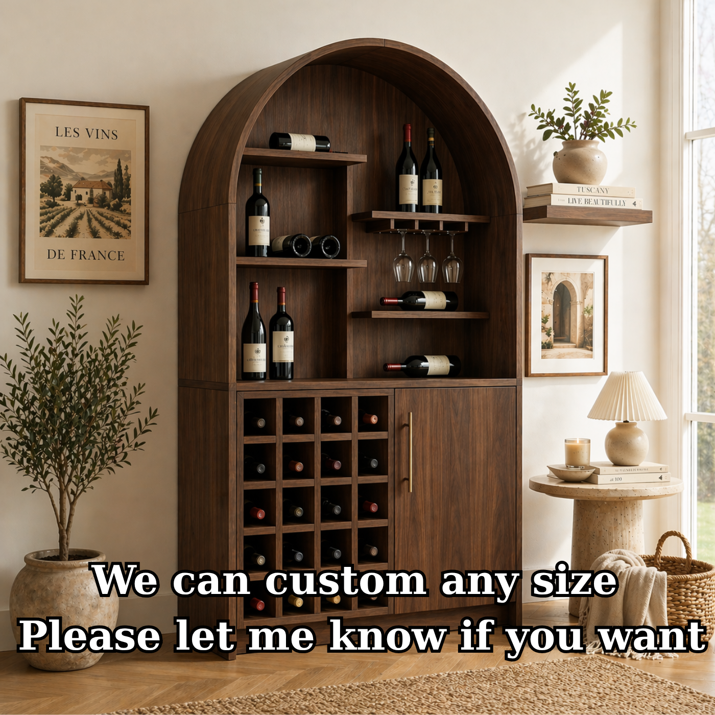 Solid Wood Wine Cabinet with Arched Display Shelves and Bottle Storage
