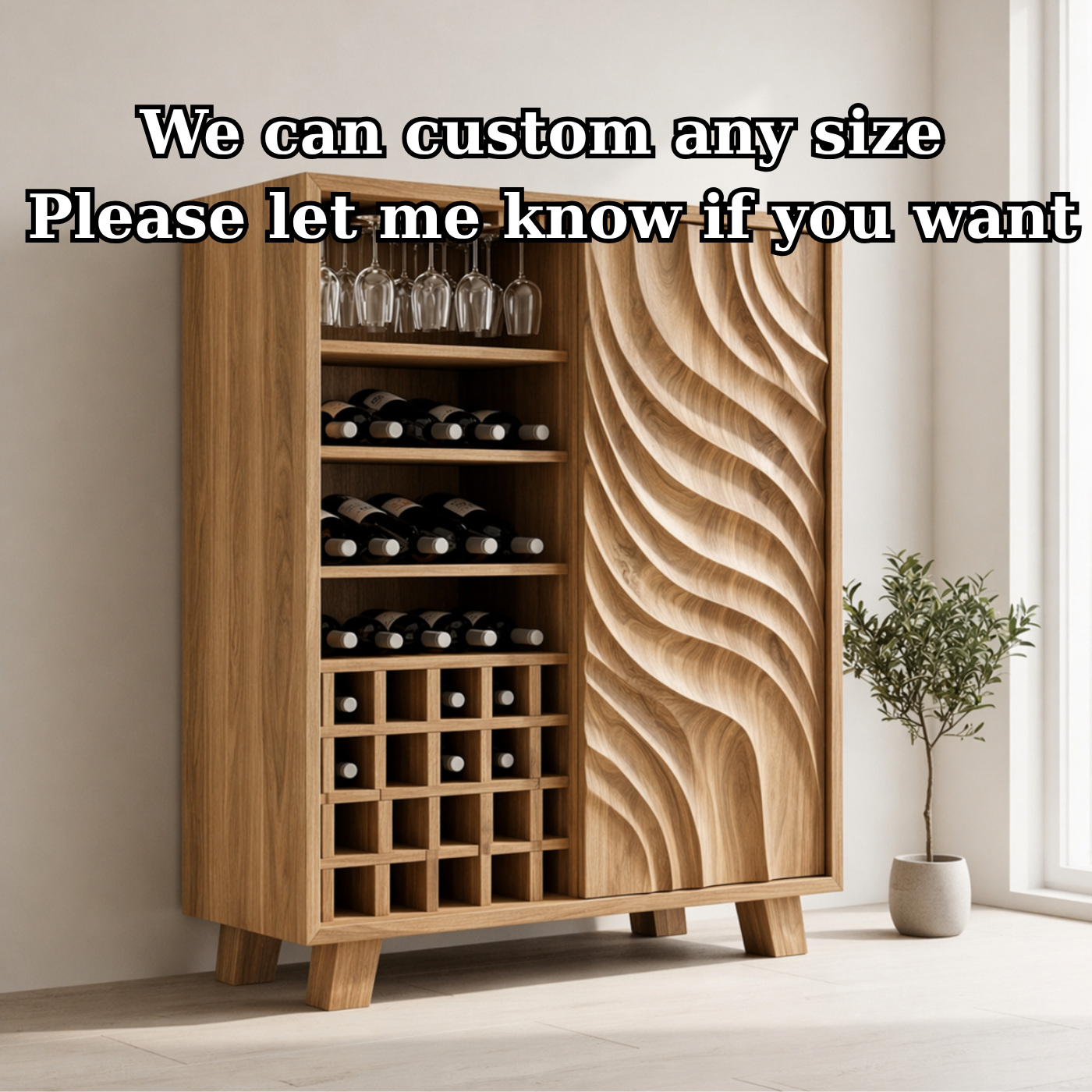 Solid Wood Wine Cabinet with Sculpted Wave Door and Bottle Storage