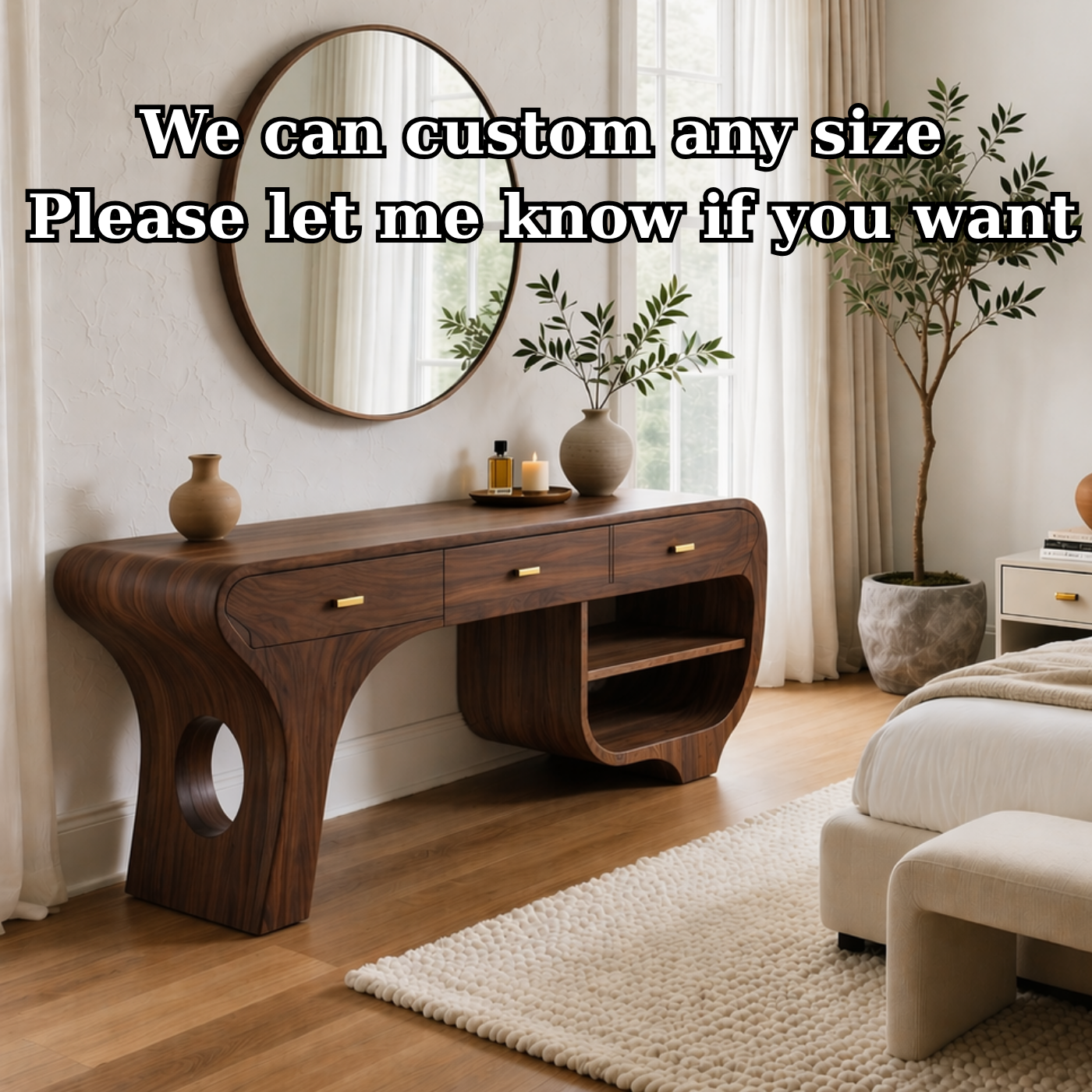 Solid Wood Makeup Vanity Desk with Sculptural Curved Design and Drawers