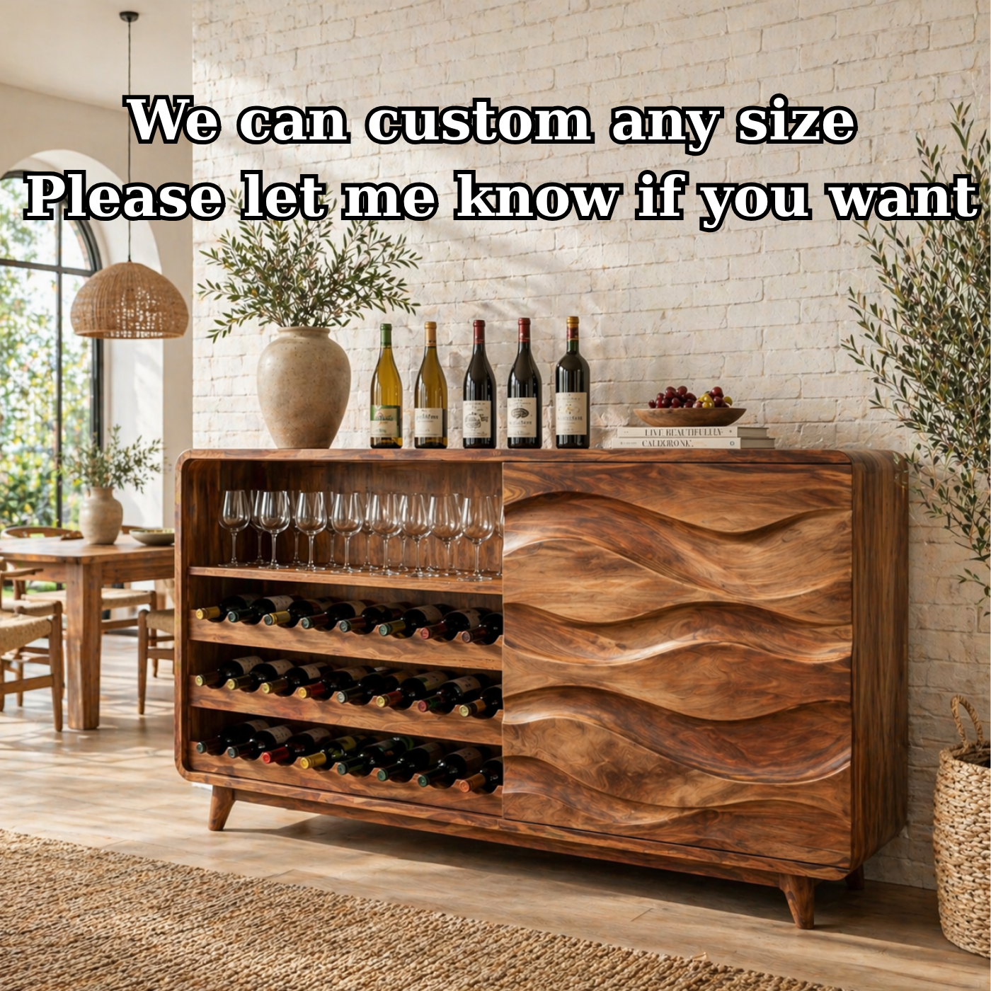 Solid Wood Wine Sideboard with Wave Carved Doors and Bottle Storage