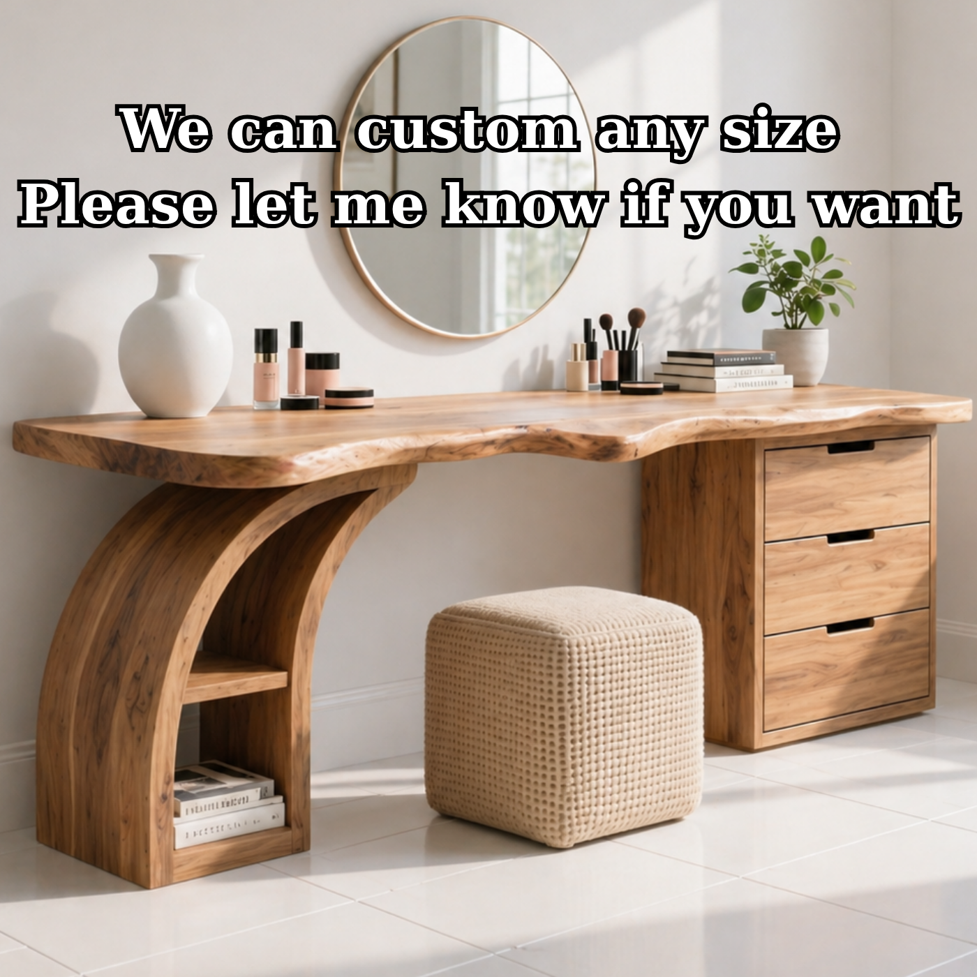 Solid Wood Makeup Vanity Desk with Live Edge Top and Curved Sculptural Base