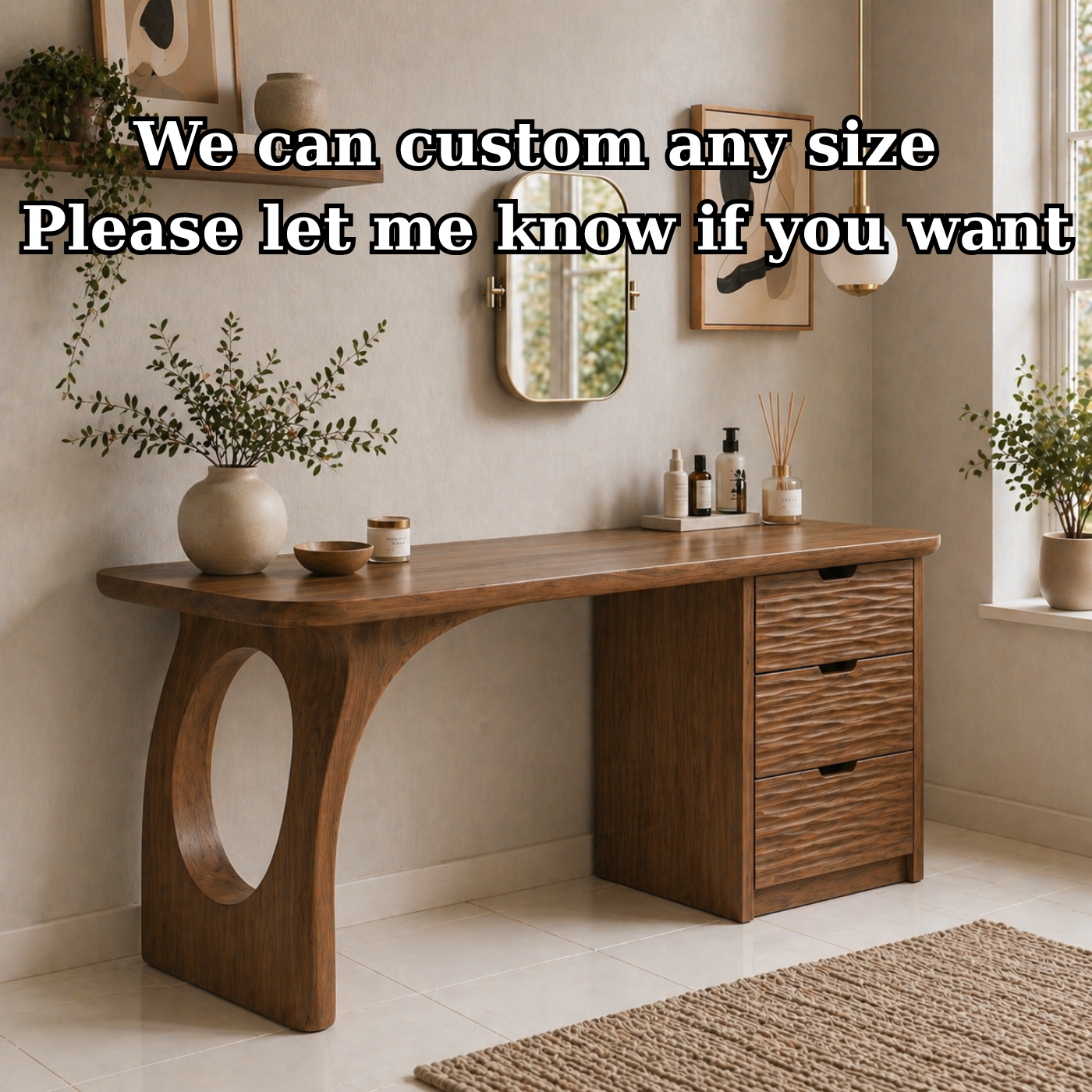 Solid Wood Makeup Vanity Desk with Sculptural Base and Textured Drawers