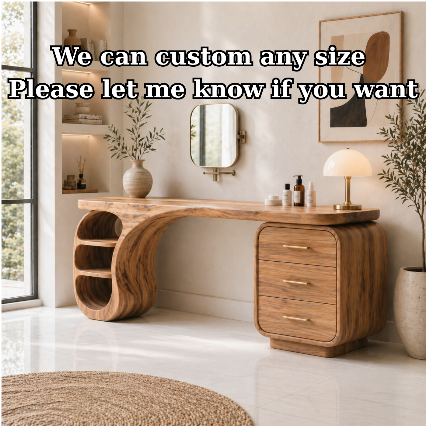 Solid Wood Makeup Vanity Desk with Sculptural Curved Base and Drawer Storage