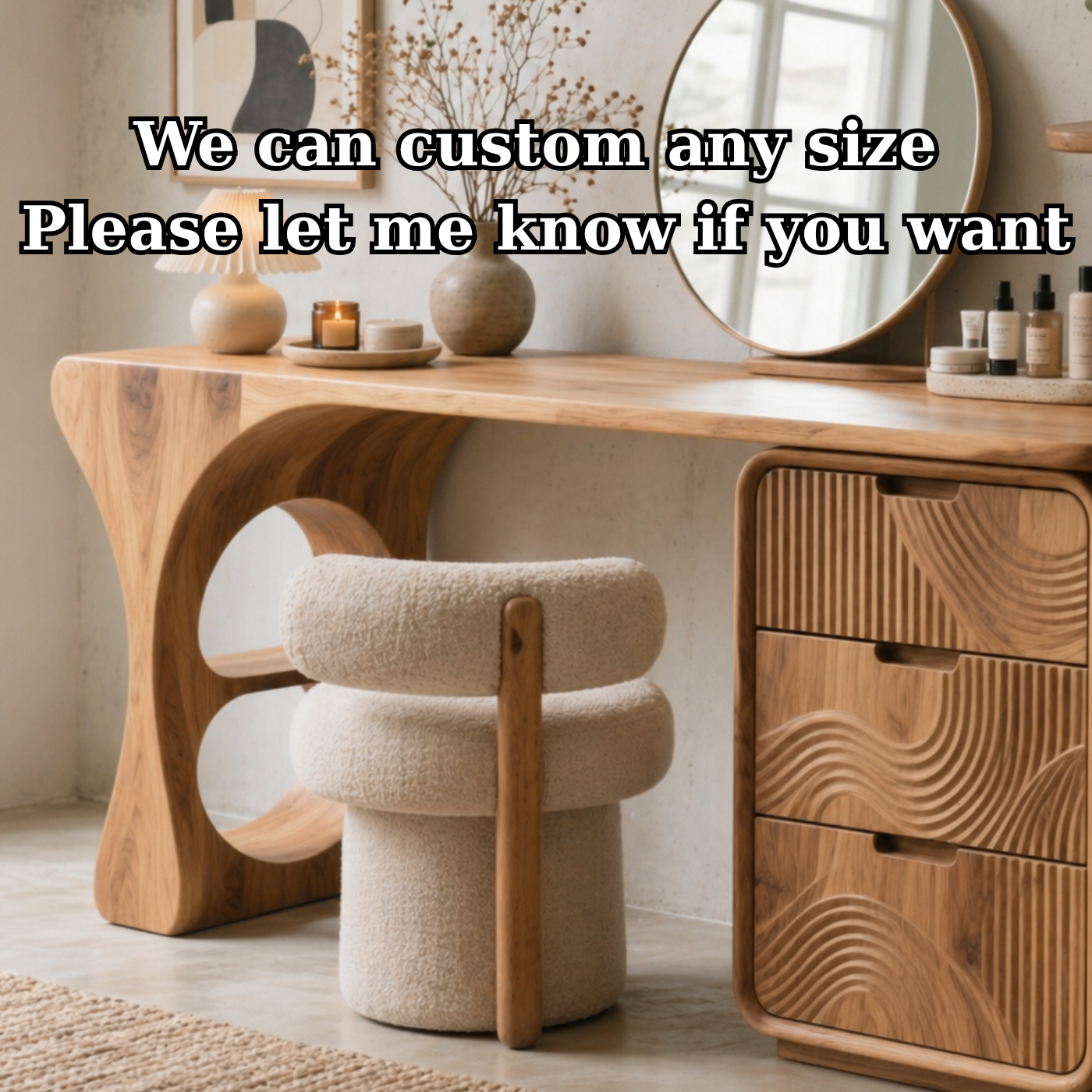 Solid Wood Makeup Vanity Desk with Sculptural Base and Carved Drawer Fronts