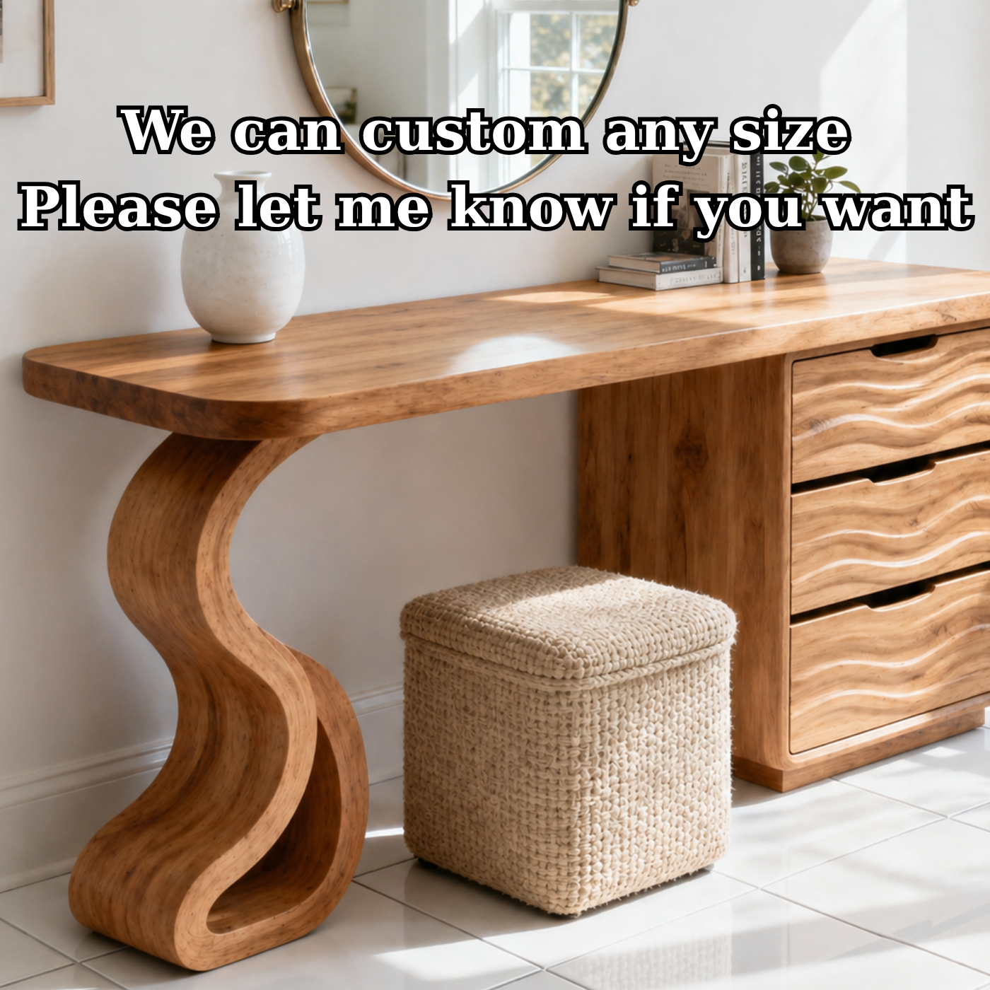 Solid Wood Makeup Vanity Desk with Wave Drawers and Sculptural Curved Base