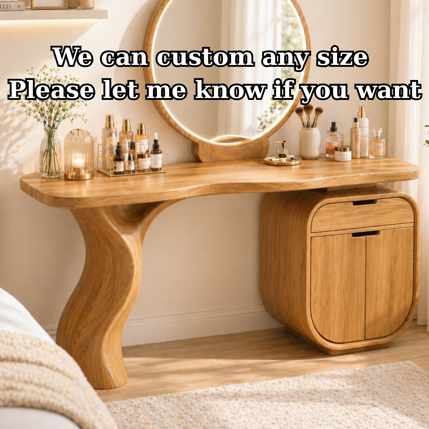 Solid Wood Makeup Vanity with Curved Leg and Storage Cabinet