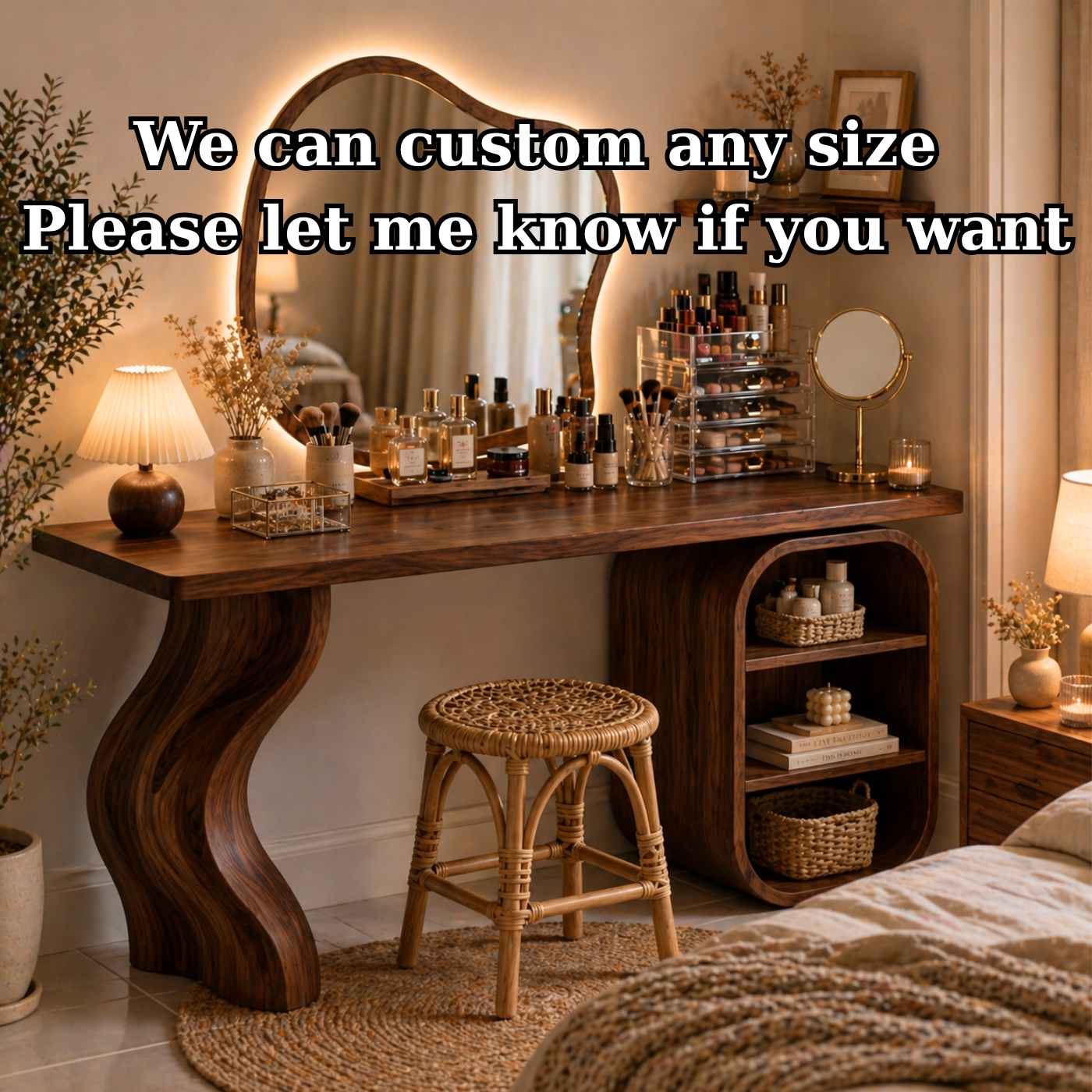 Solid Wood Makeup Vanity with Curved Leg and Open Shelf Storage