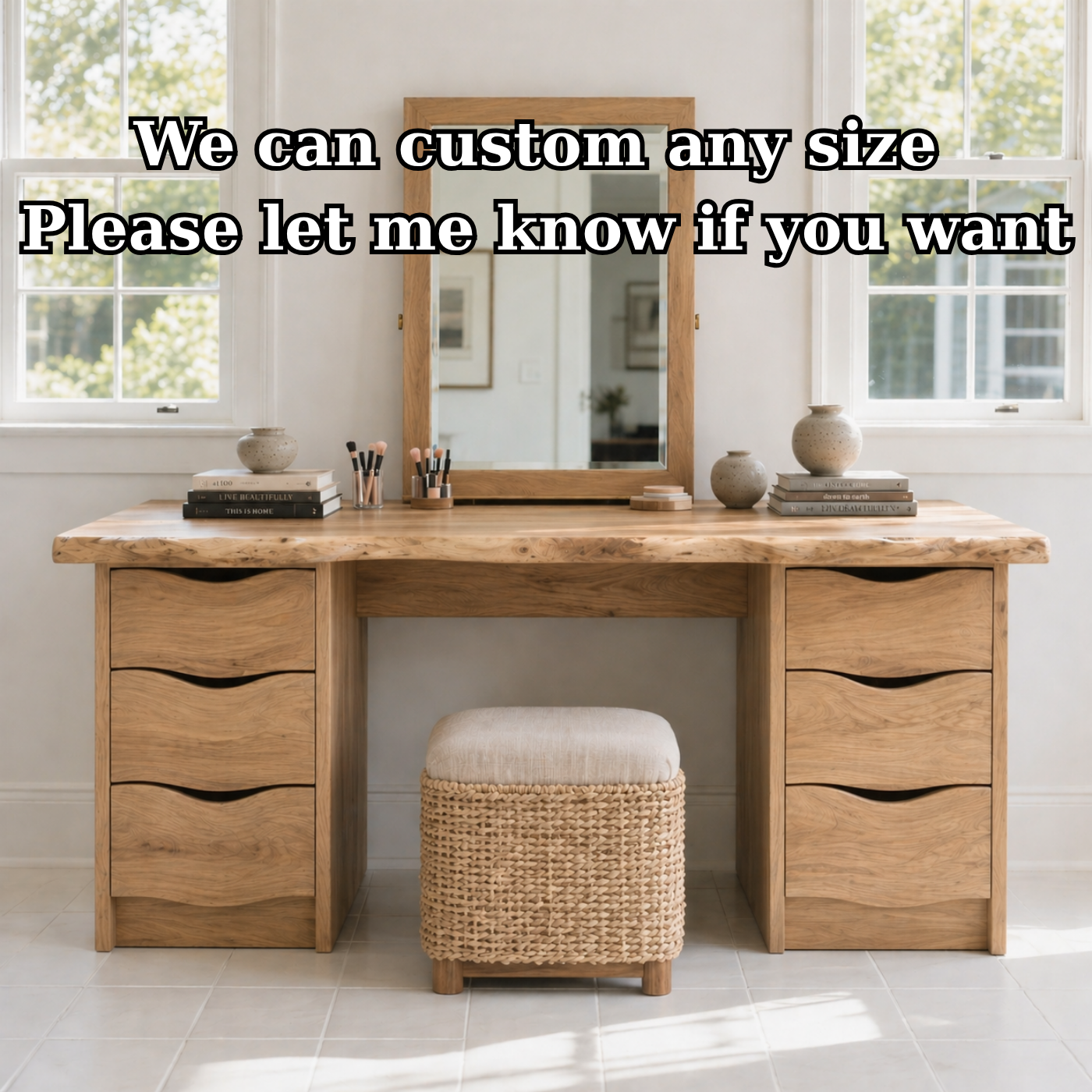 Large Solid Wood Makeup Vanity Desk with Double Drawer Storage and Live Edge Top
