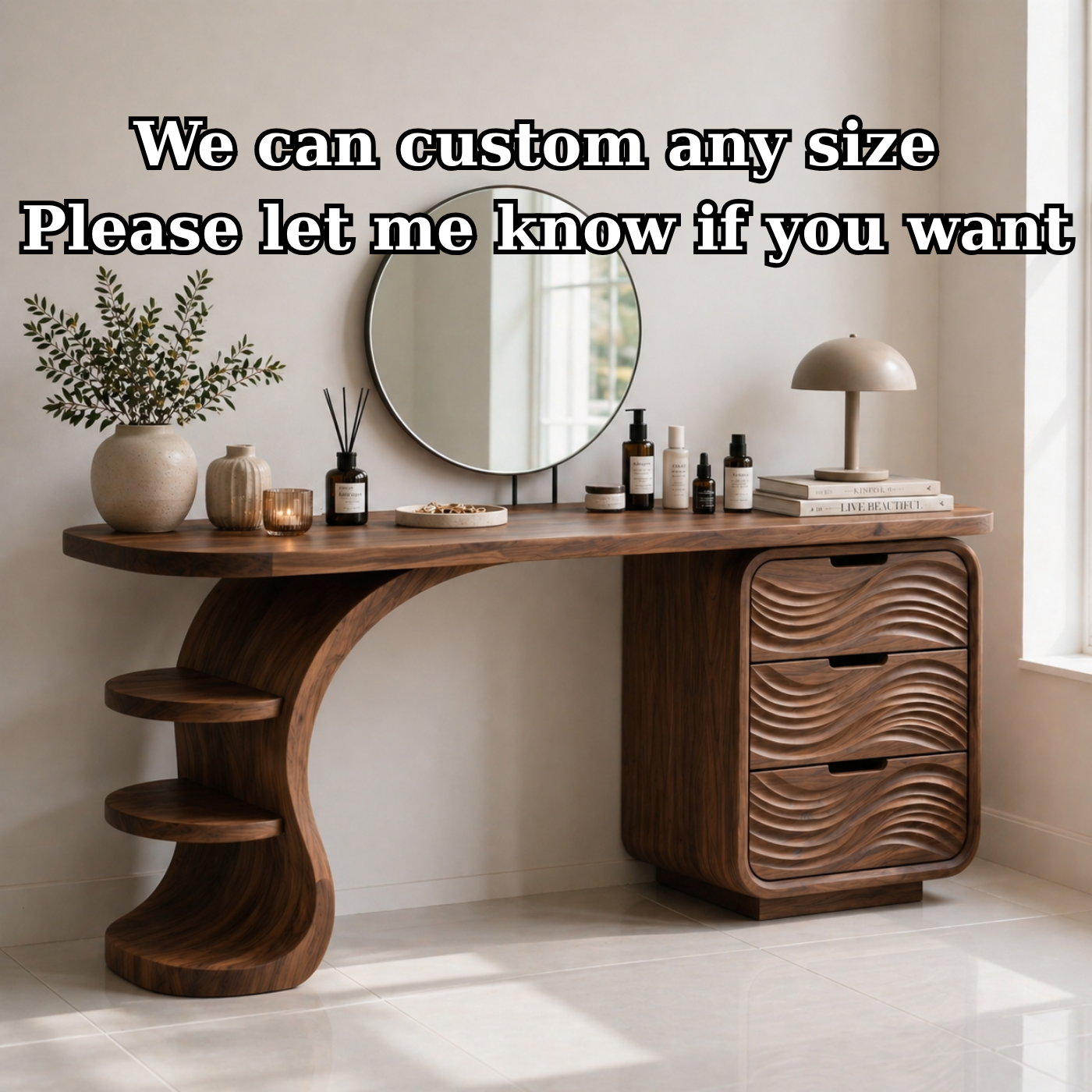 Solid Wood Makeup Vanity Desk with Wave Drawers and Curved Sculptural Base