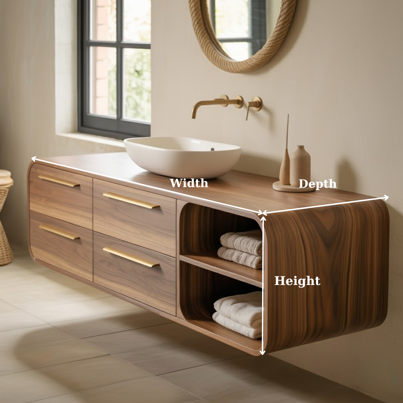 Luxury Floating Solid Wood Bathroom Vanity with Open Shelf Storage