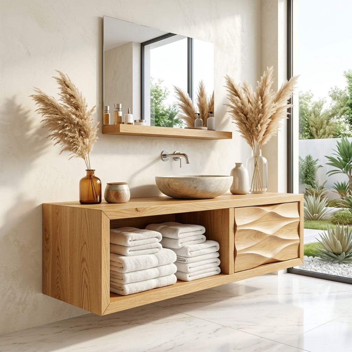 Modern Solid Wood Bathroom Vanity with Open Storage and Textured Drawer Front