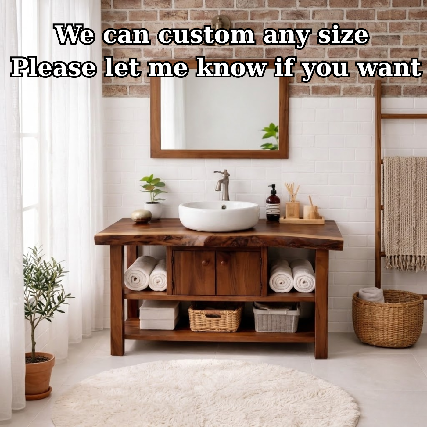 Live Edge Solid Wood Bathroom Vanity with Open Shelves and Storage Cabinet – Rustic Modern Bathroom Vanity