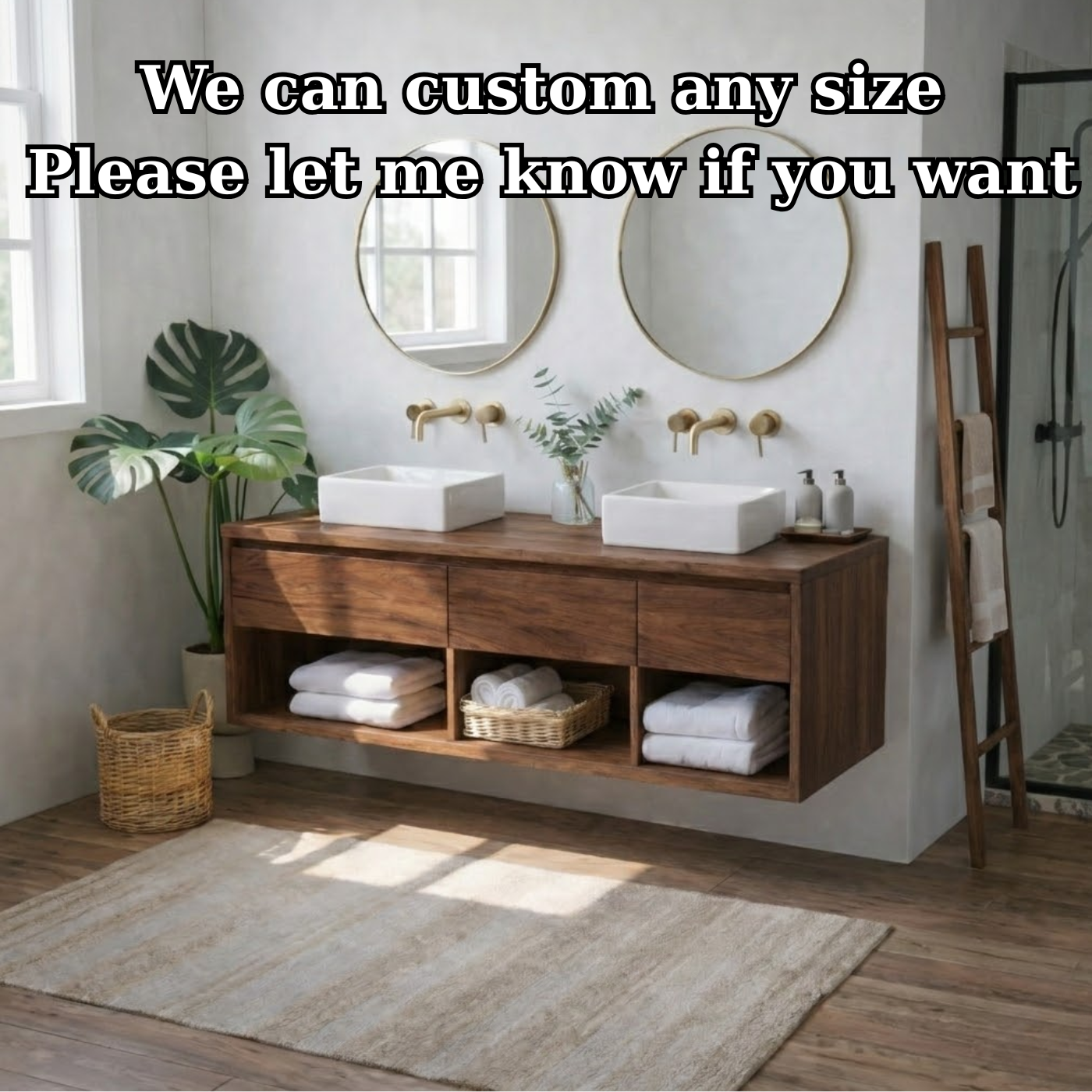 Floating Solid Wood Double Bathroom Vanity Cabinet with Open Cubby Shelves – Modern Organic Wall Mounted Design