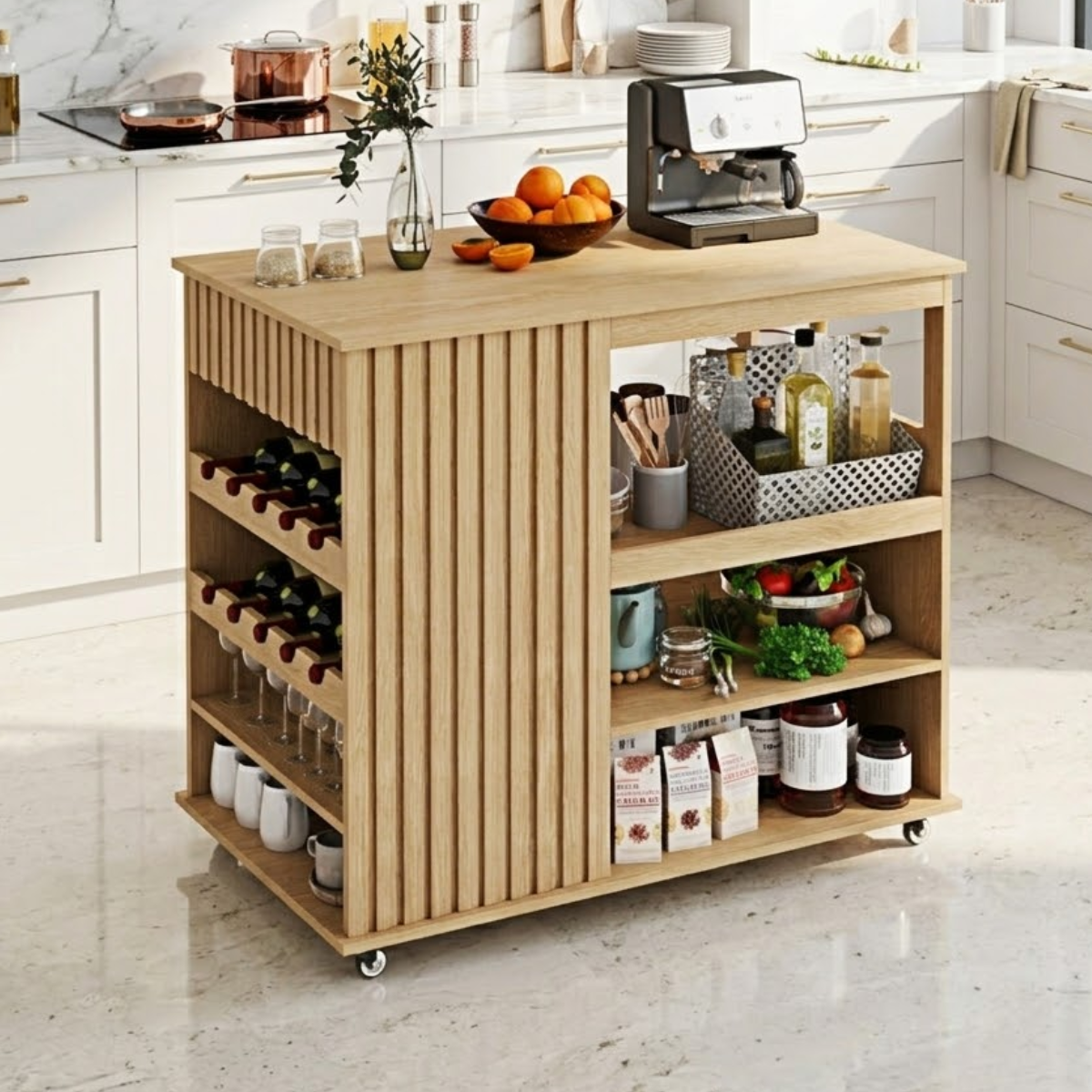 Rolling Kitchen Island with Wine Rack Storage Shelves, Modern Prep Cart for Home Kitchen Use
