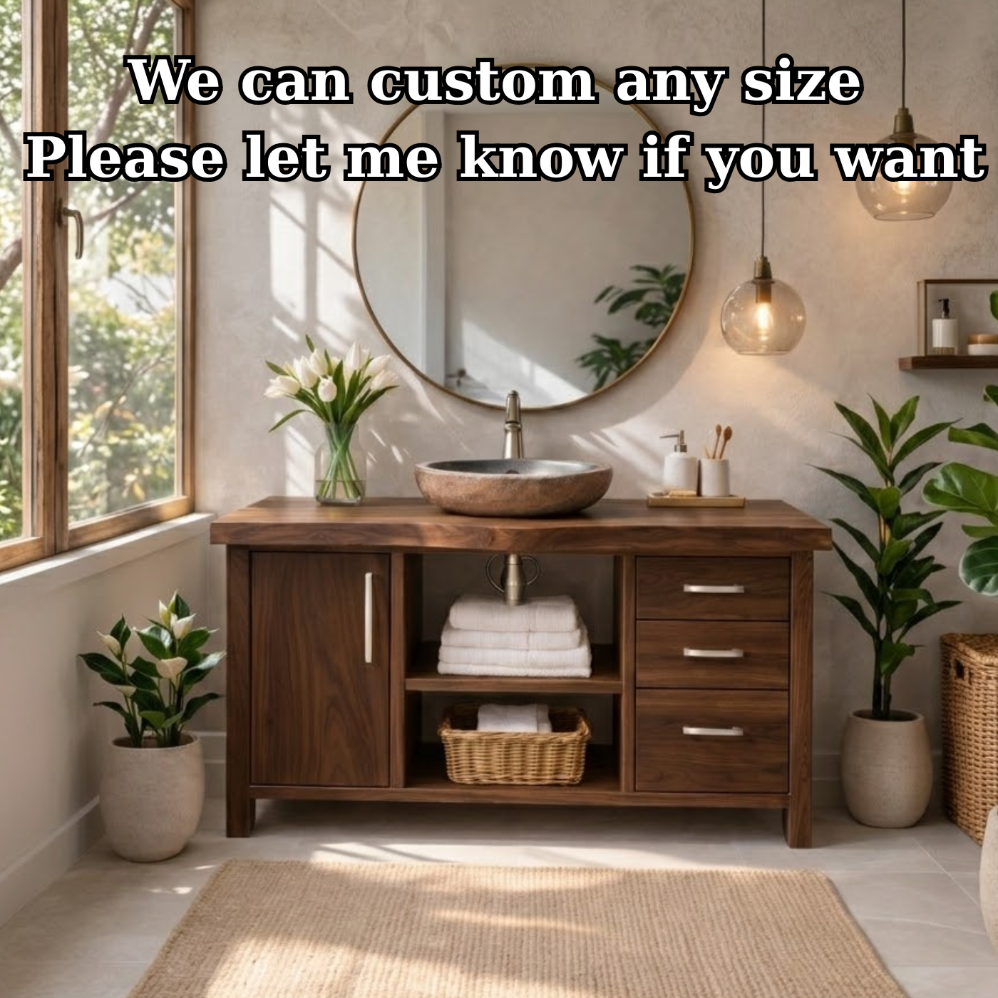 Modern Solid Wood Bathroom Vanity with Side Cabinet, Three Drawers and Open Display Shelving