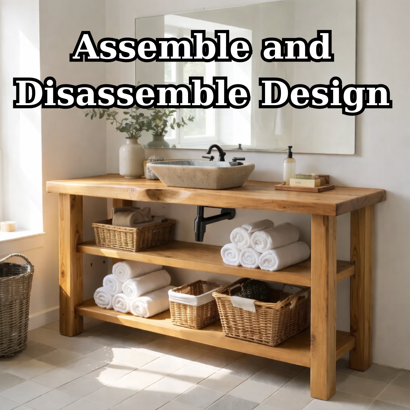 Solid Wood Console Bathroom Vanity with Open Shelves – Rustic Farmhouse Single Sink Vanity
