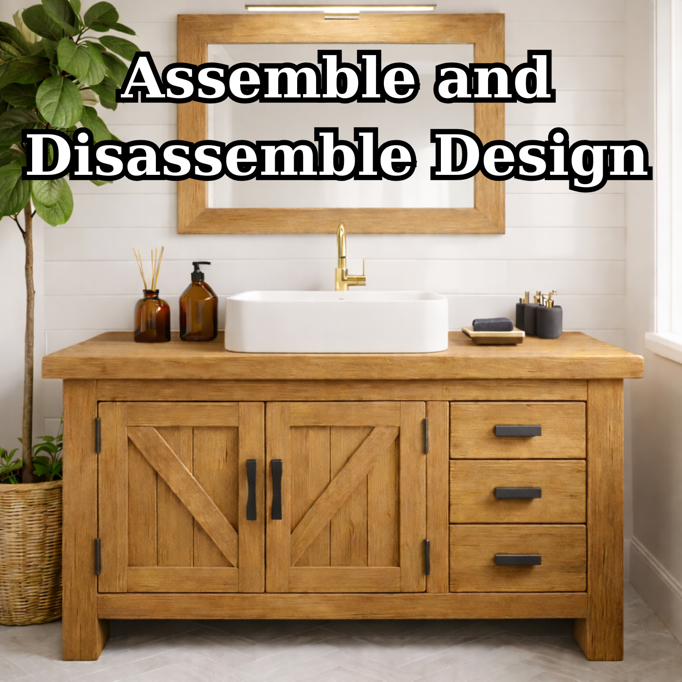 Rustic Farmhouse Solid Wood Bathroom Vanity with Double Barn Doors and Three Side Drawers
