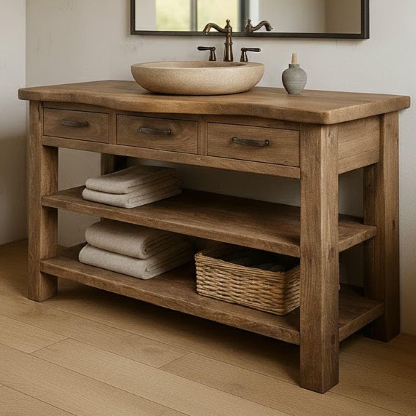 Solid Wood Bathroom Vanity with Three Drawers and Double Open Shelving